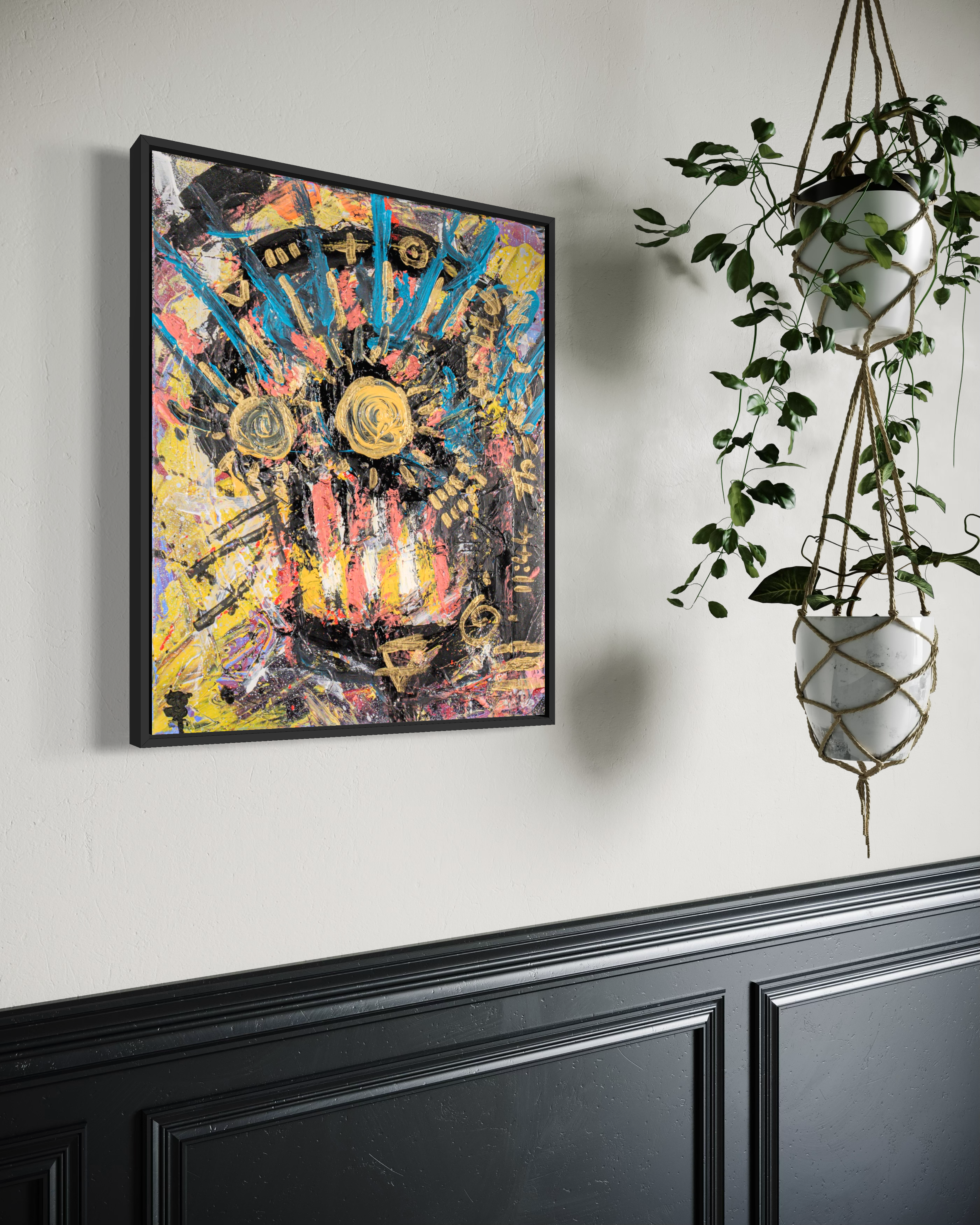 Cosmic Order - original painting by Youssef Lakhrif shown in room setting 4. Richly patterned cosmic composition with sunburst and crown motifs.