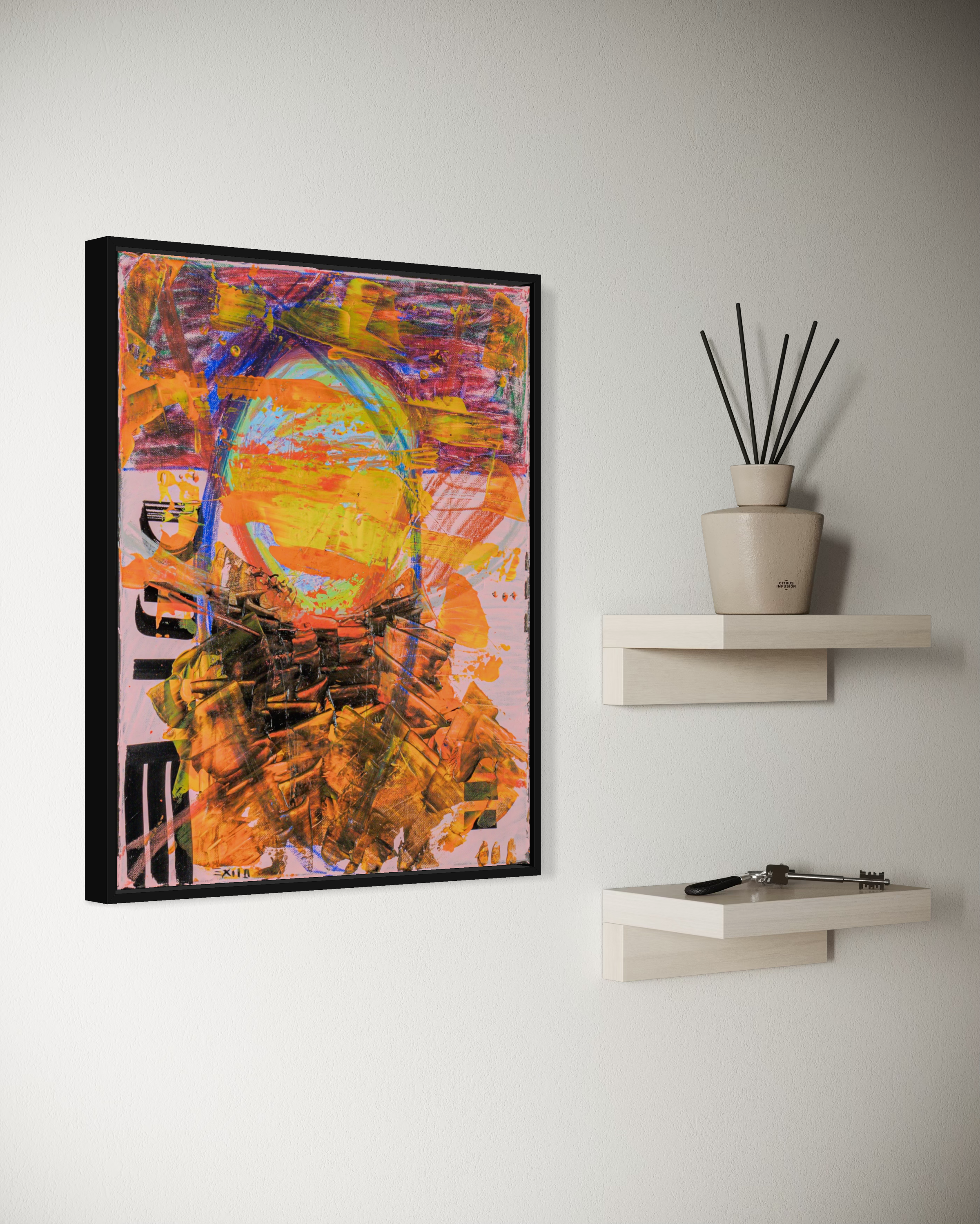 COVID-19 - original painting by Youssef Lakhrif shown in room setting 2. Vibrant intense abstract face capturing pandemic-era isolation.