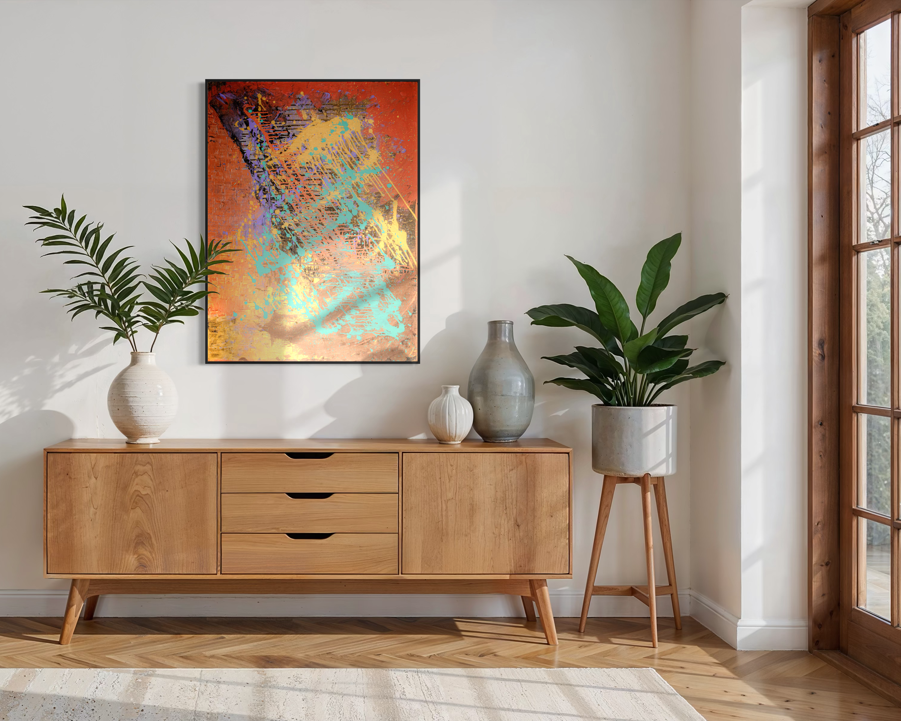 DOPE - original painting by Youssef Lakhrif shown in room setting 3. Bold saturated abstract painting in orange and teal.