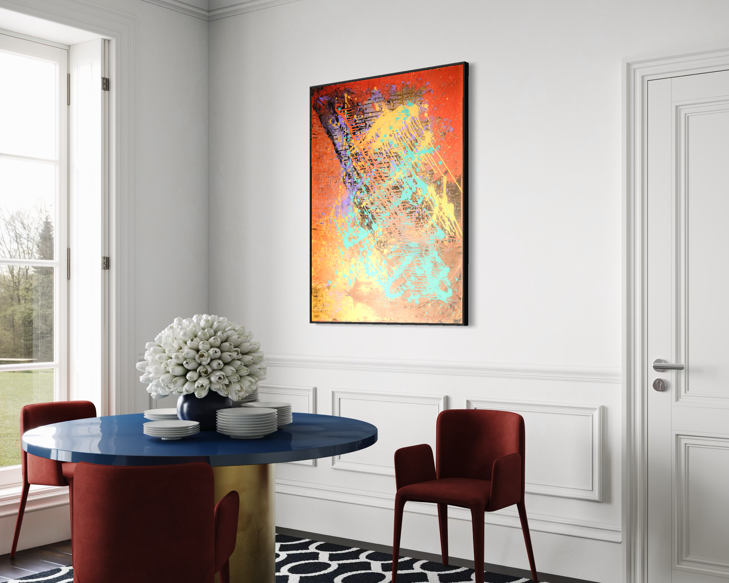 DOPE - original painting by Youssef Lakhrif shown in room setting 4. Bold saturated abstract painting in orange and teal.