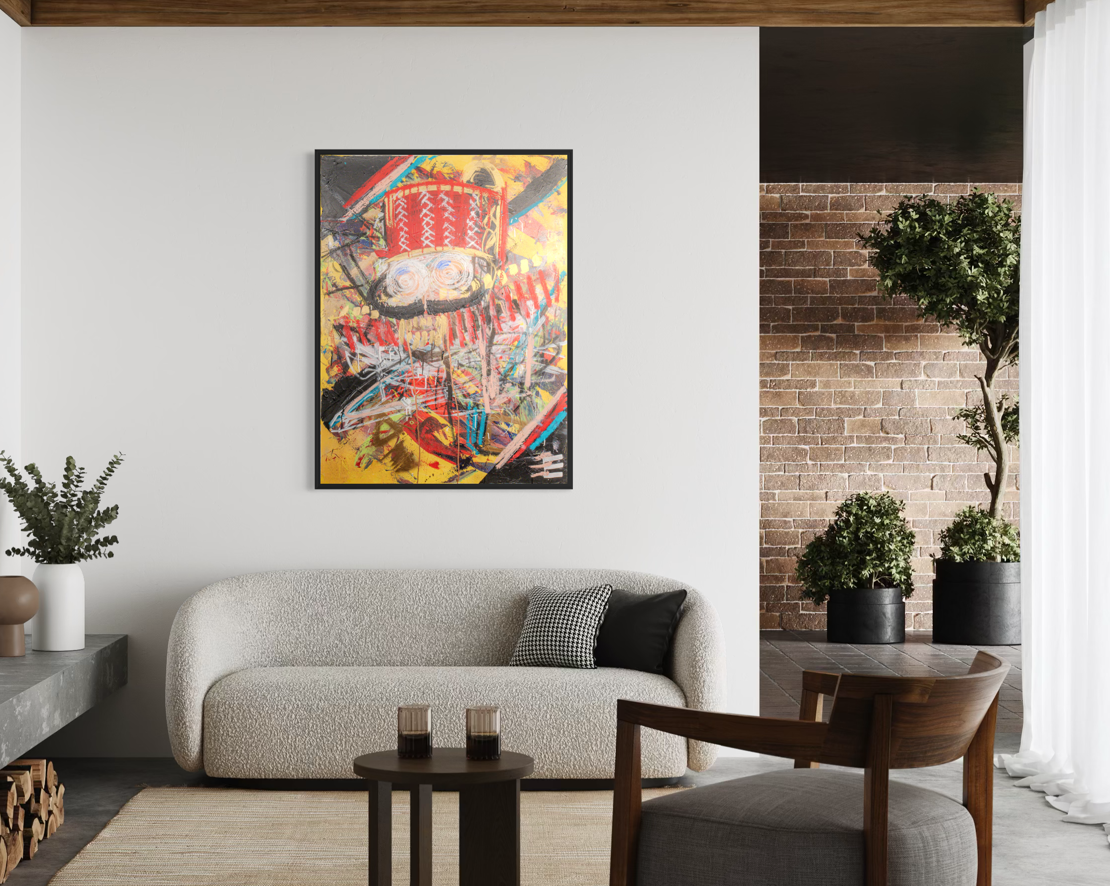Fez - original painting by Youssef Lakhrif shown in room setting 1. Ancient labyrinthine medina rendered in layered texture and color.