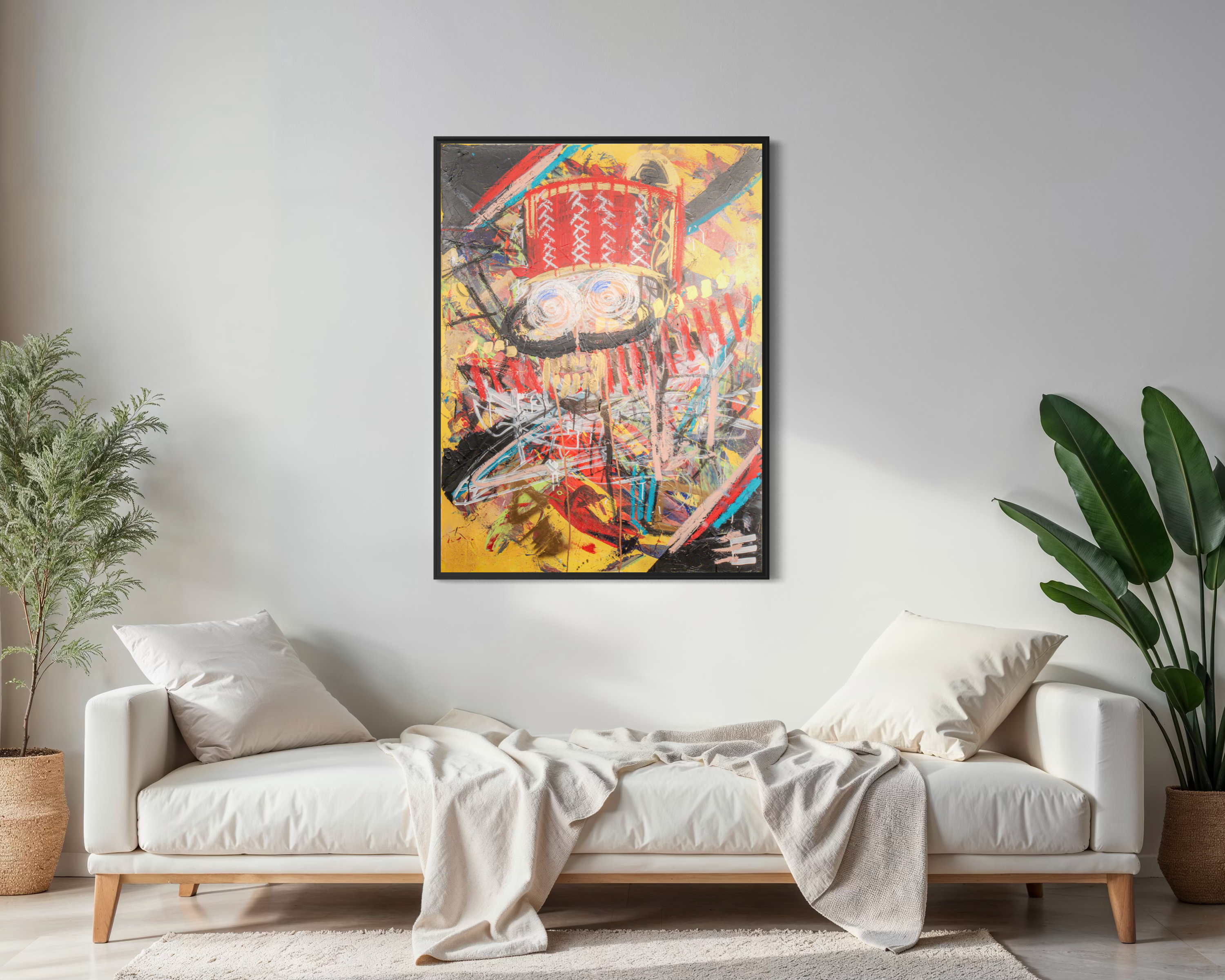 Fez - original painting by Youssef Lakhrif shown in room setting 2. Ancient labyrinthine medina rendered in layered texture and color.