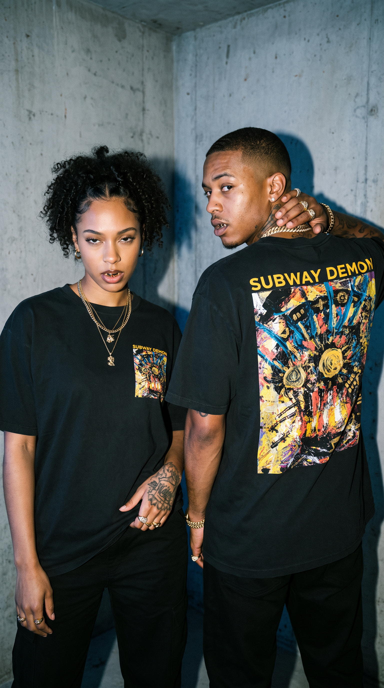 Two models in Subway Demon Tees, reverse angle showing the front and the back of the shirt together