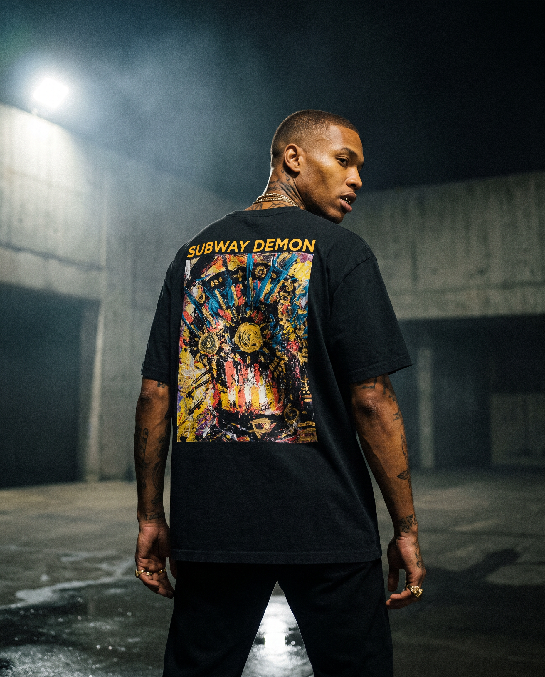 Subway Demon Tee campaign hero, model shot from a low angle with the SUBWAY DEMON print filling the back panel