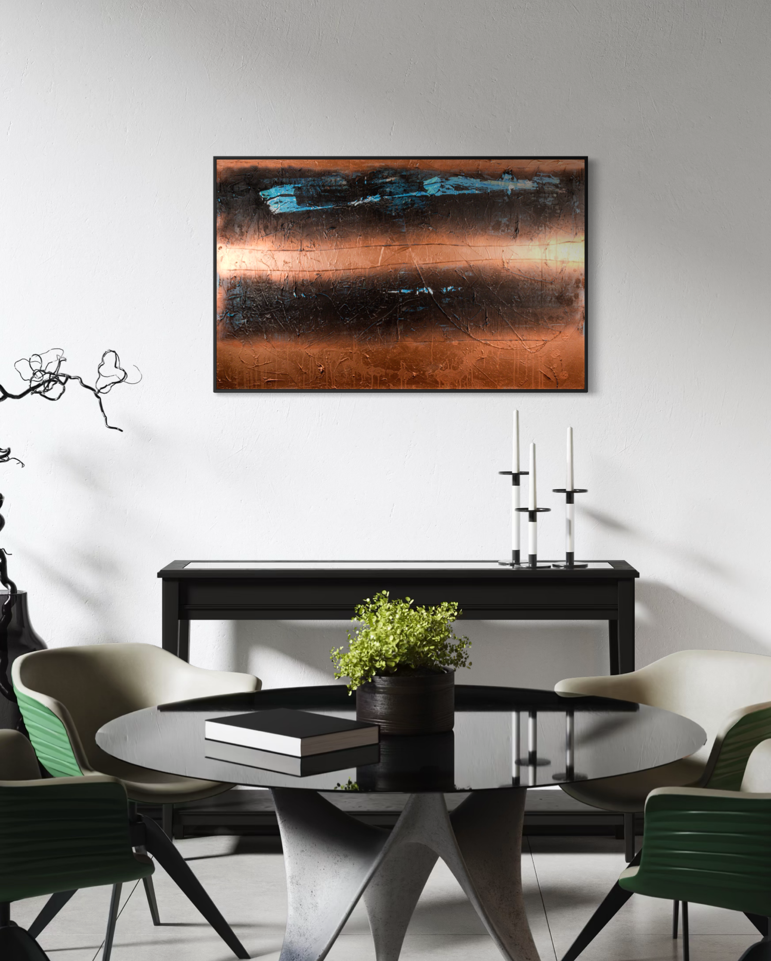 Industrial Waters - original painting by Youssef Lakhrif shown in room setting 3. Industrial copper landscape with cobalt blue water band.