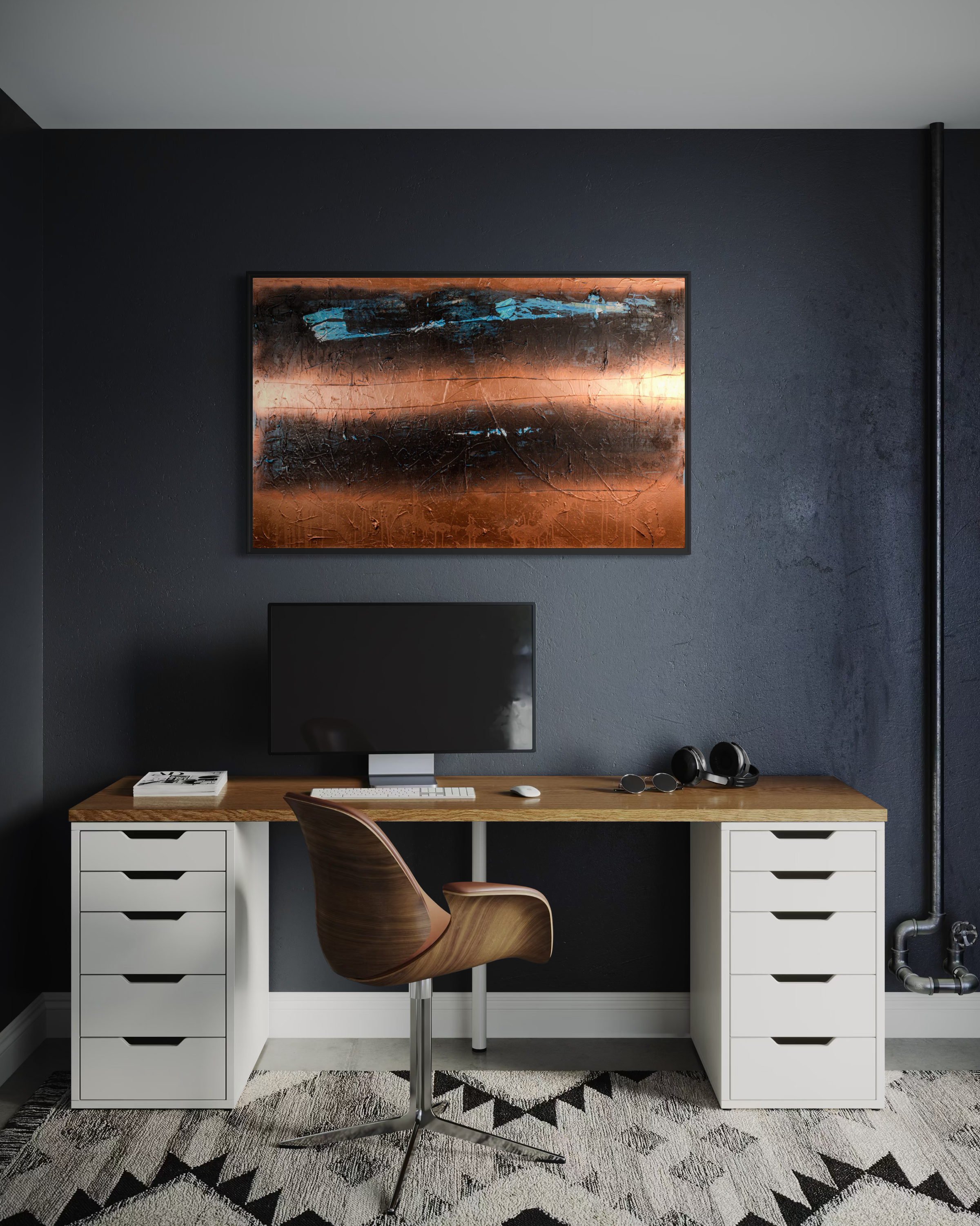 Industrial Waters - original painting by Youssef Lakhrif shown in room setting 7. Industrial copper landscape with cobalt blue water band.