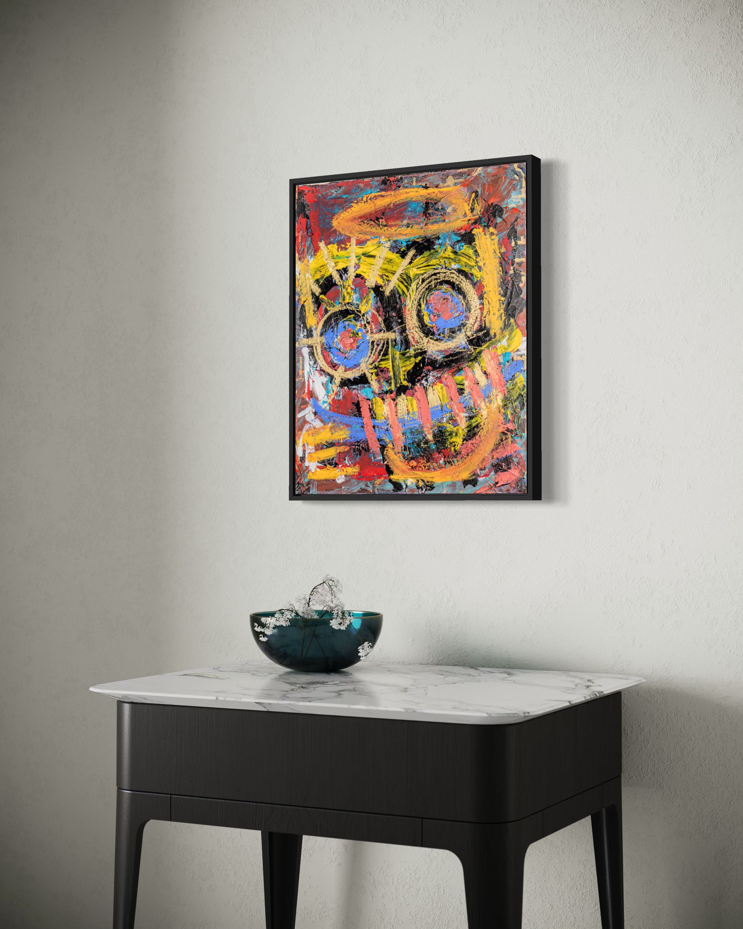 Innocent but Degenerate - original painting by Youssef Lakhrif shown in room setting 4. Vibrant sugar-skull style face in red yellow and purple.