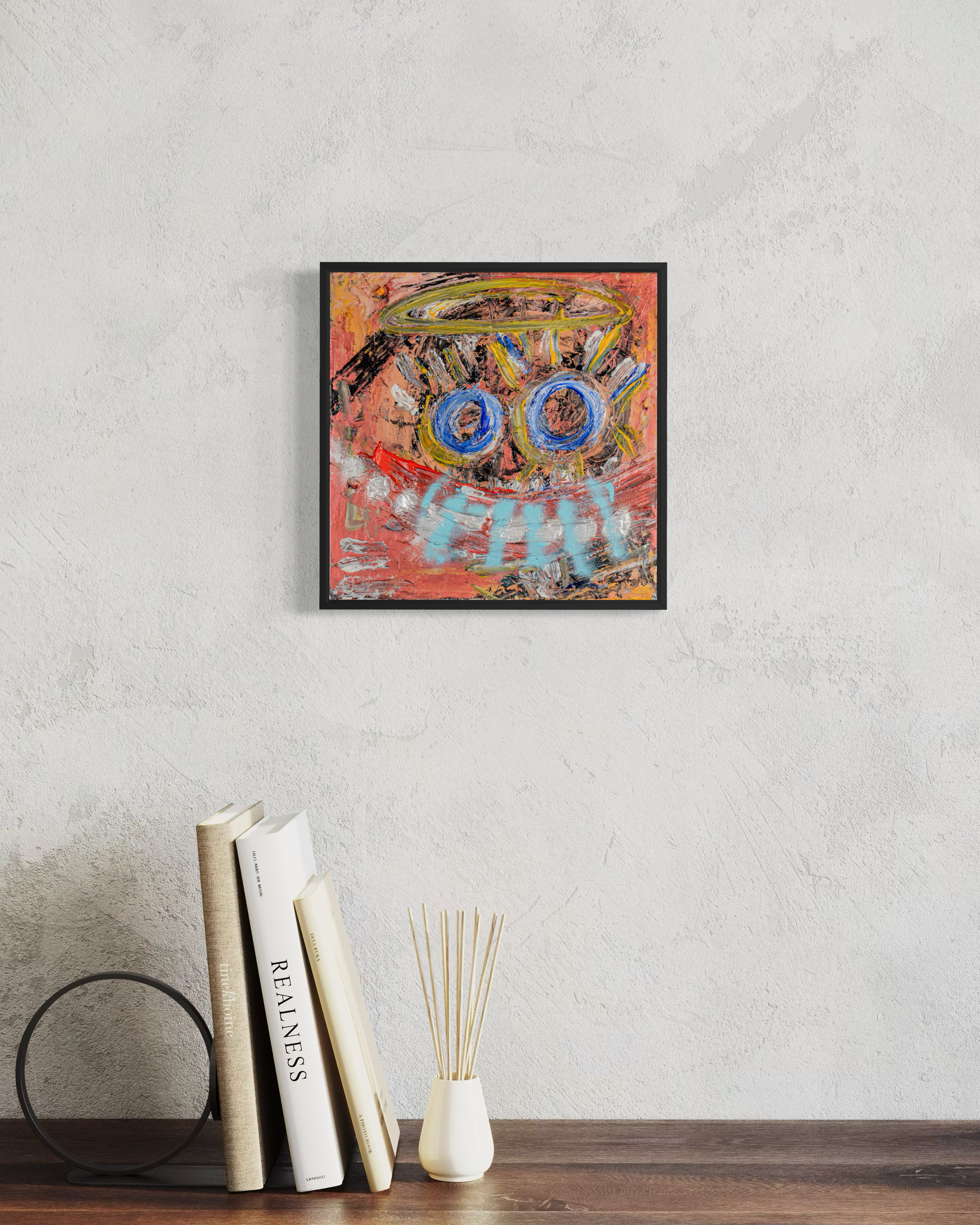 Innocent Witness - original painting by Youssef Lakhrif shown in room setting 3. Quiet contemplative face on coral background, the weight of seeing without judgment.