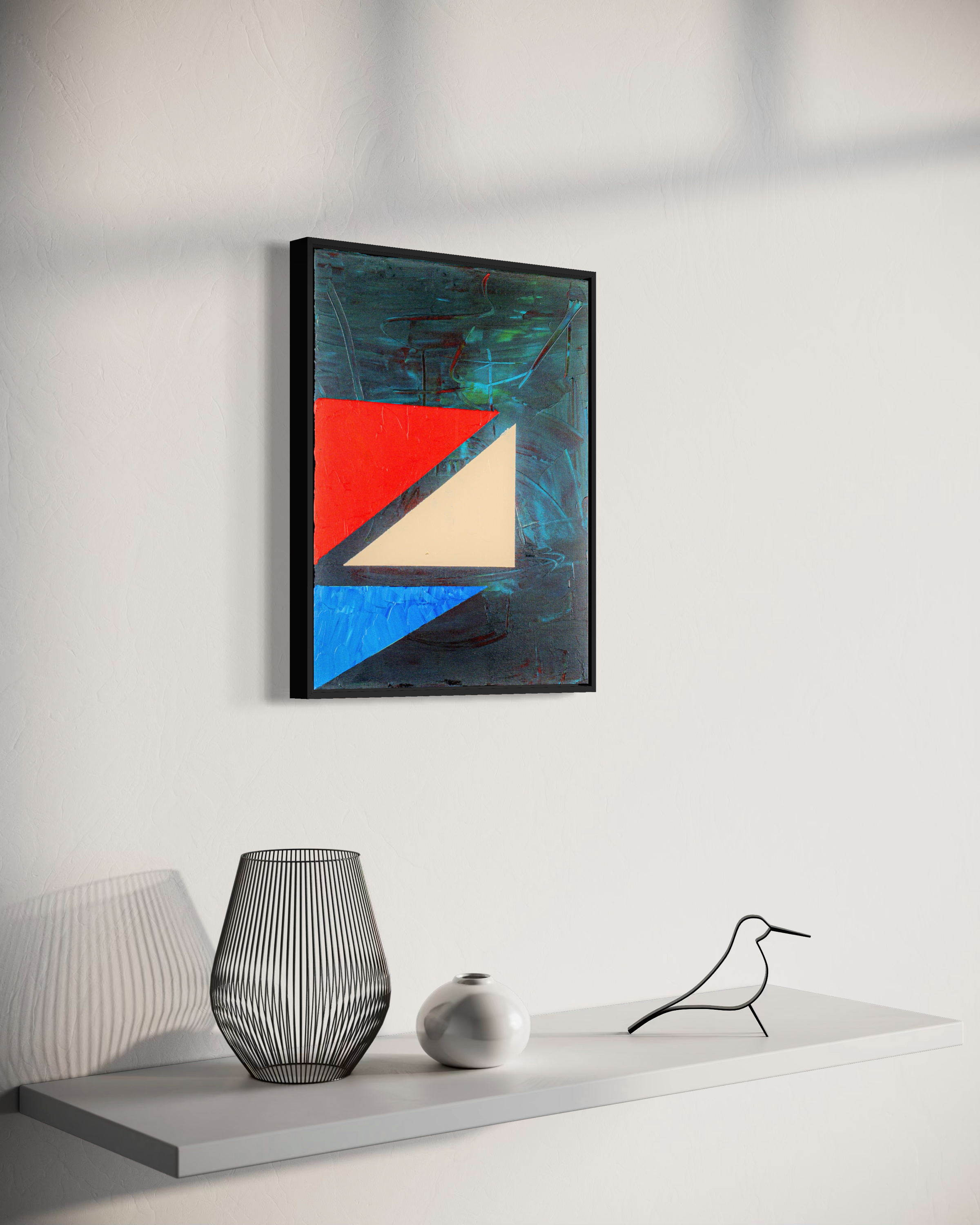 Levels - original painting by Youssef Lakhrif shown in room setting 3. Bauhaus inspired geometric painting with red blue and cream triangles.