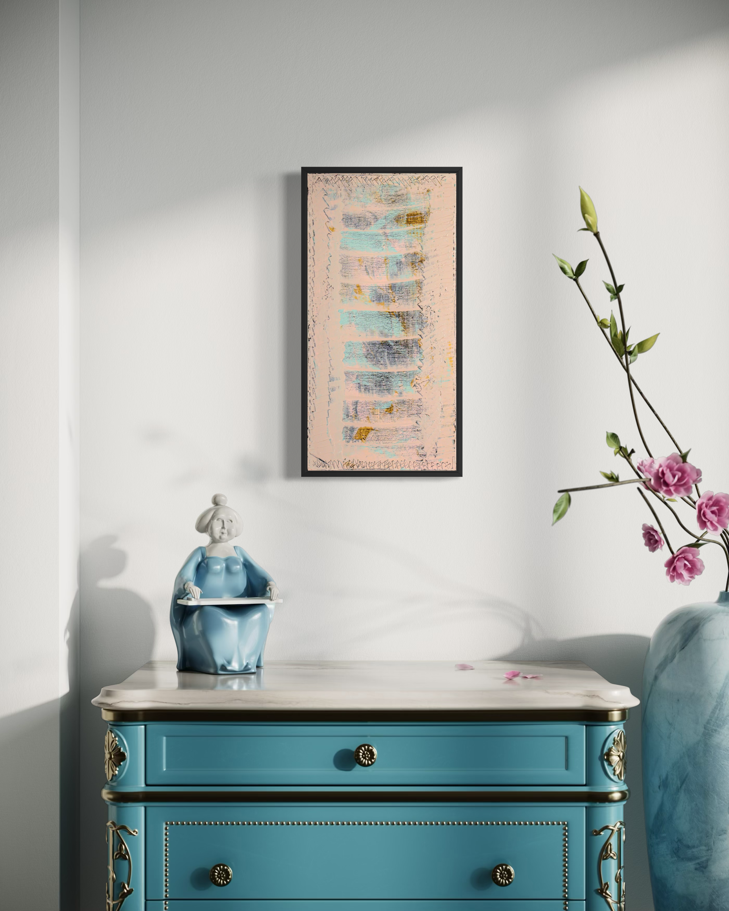 Spark of the Muse - original painting by Youssef Lakhrif shown in room setting 1. Brown and black brush strokes on warm beige background.
