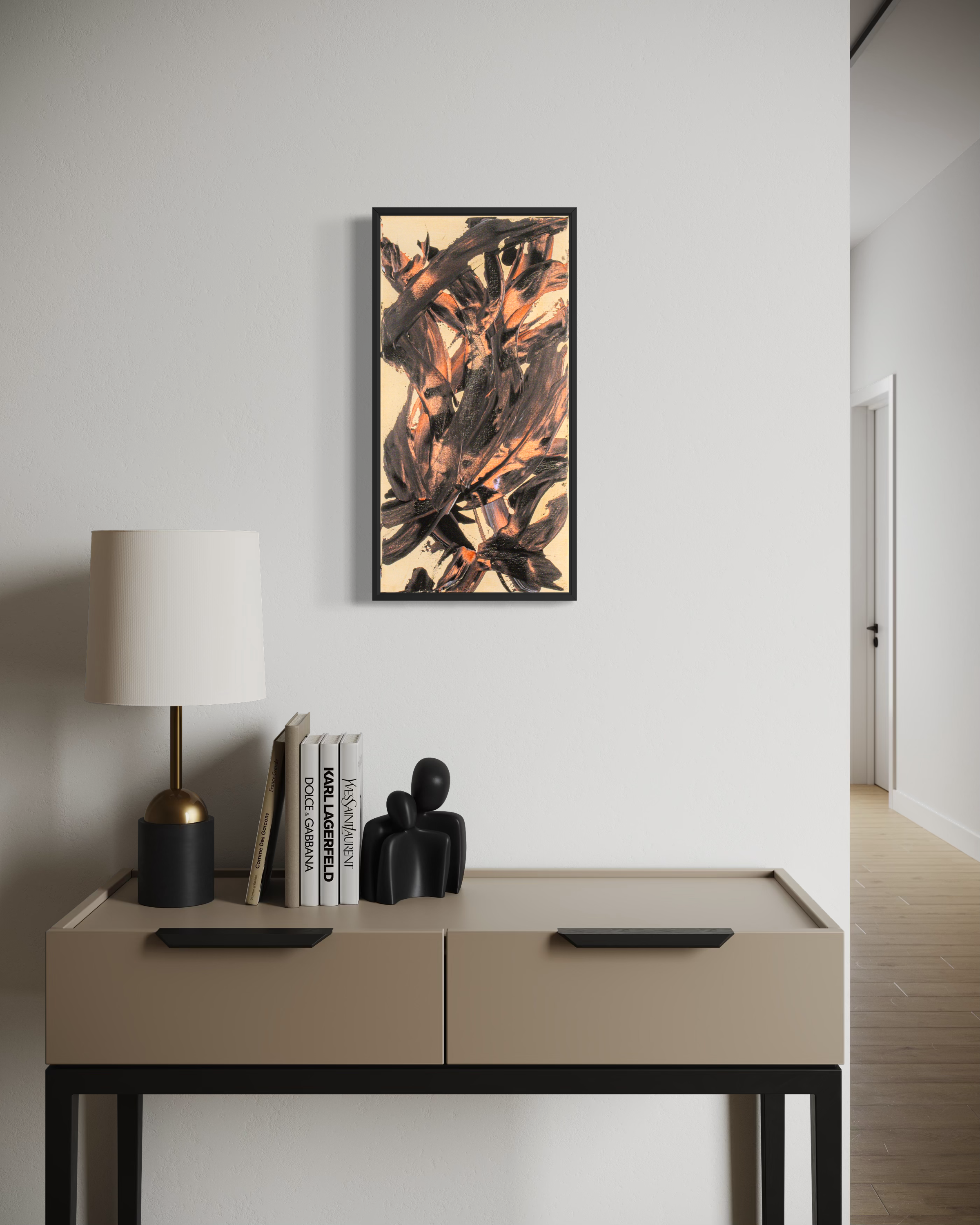 Spark of the Muse - original painting by Youssef Lakhrif shown in room setting 4. Brown and black brush strokes on warm beige background.