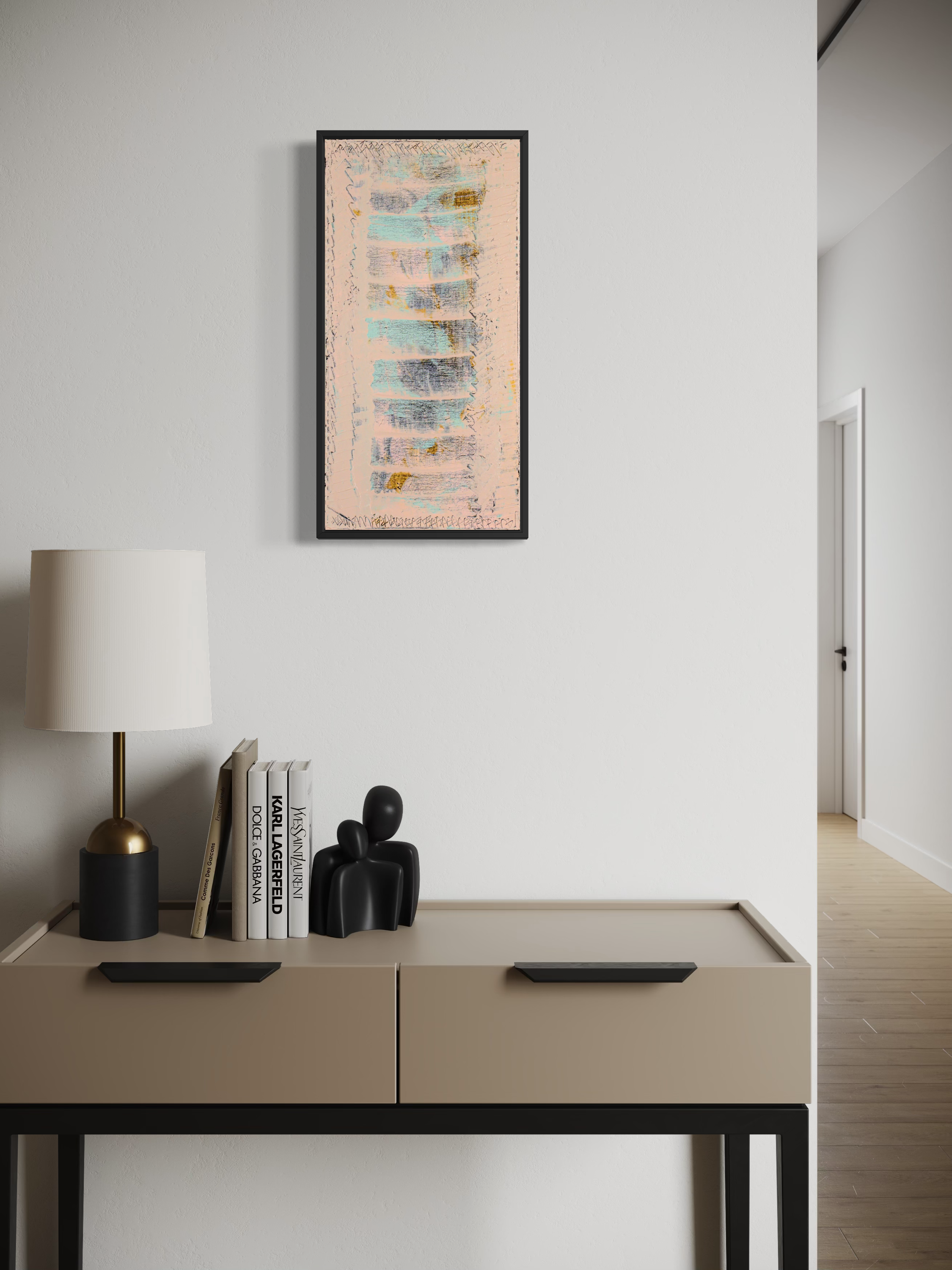 Turquoise Bleeds Pink - original painting by Youssef Lakhrif shown in room setting 3. Horizontal banded abstract in muted pink and turquoise tones.