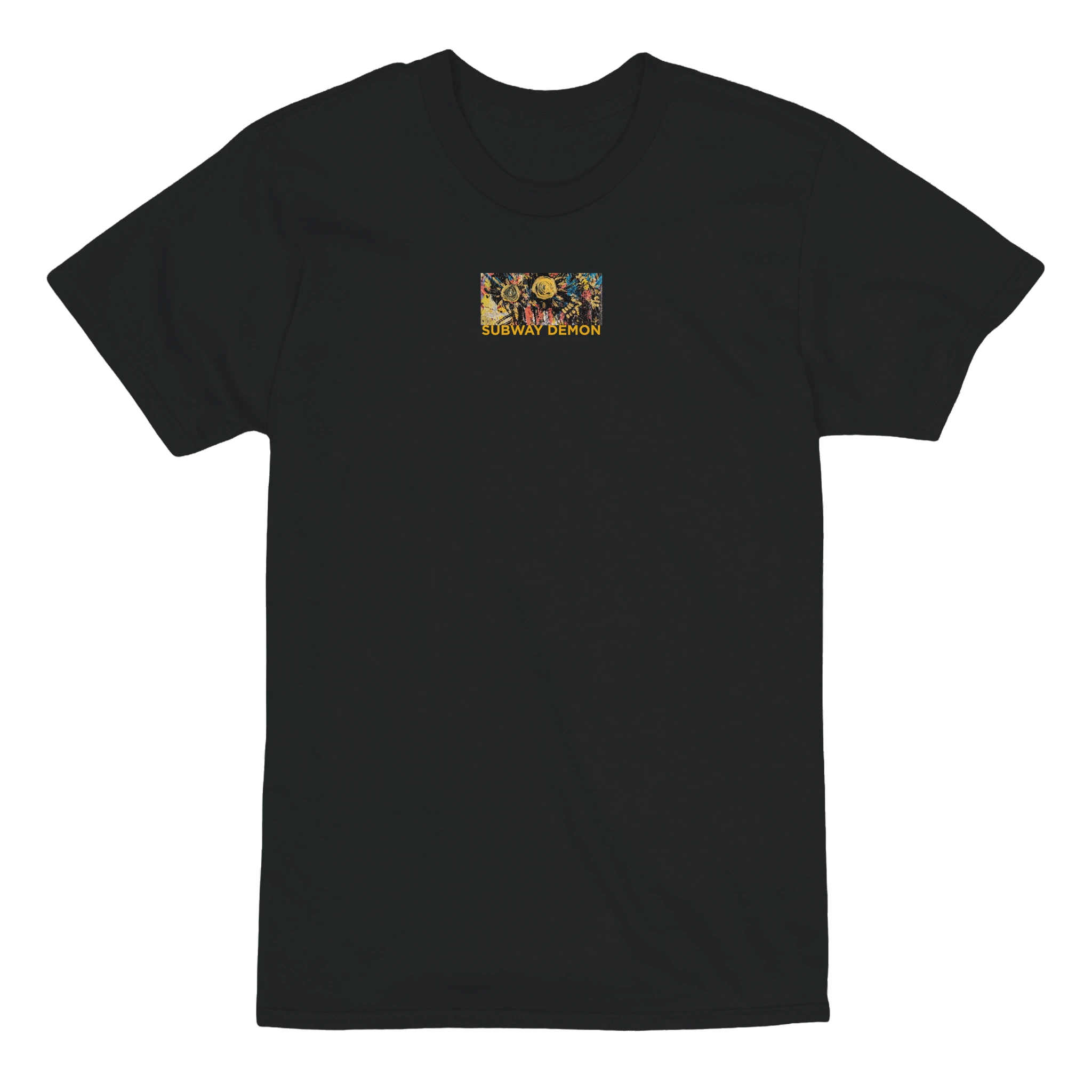 Front of the Subway Demon Tee, black oversized heavyweight t-shirt with a small gold chest mark, by Youssef Lakhrif