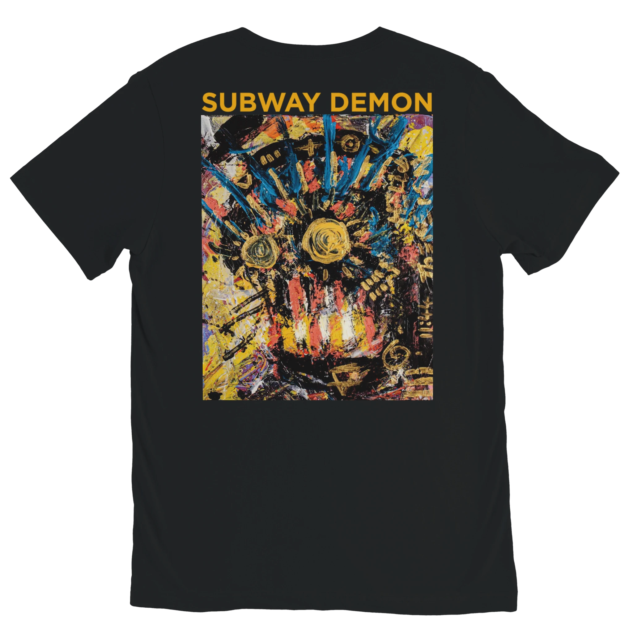 Back of the Subway Demon Tee, SUBWAY DEMON in condensed capitals above the Subway Demon painting by Youssef Lakhrif, printed large on black cotton