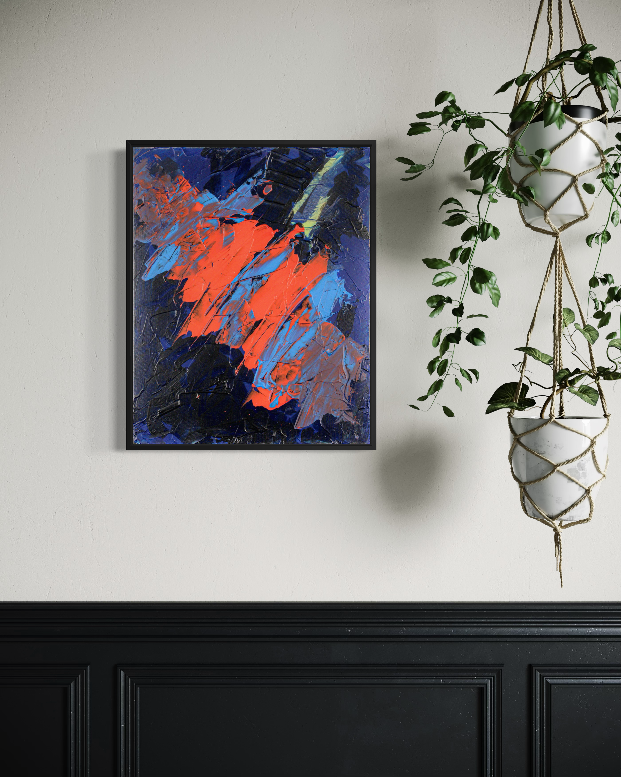Cosmic Kiss - original painting by Youssef Lakhrif shown in room setting 2. Navy blue cosmic field with a red and orange flame stroke.