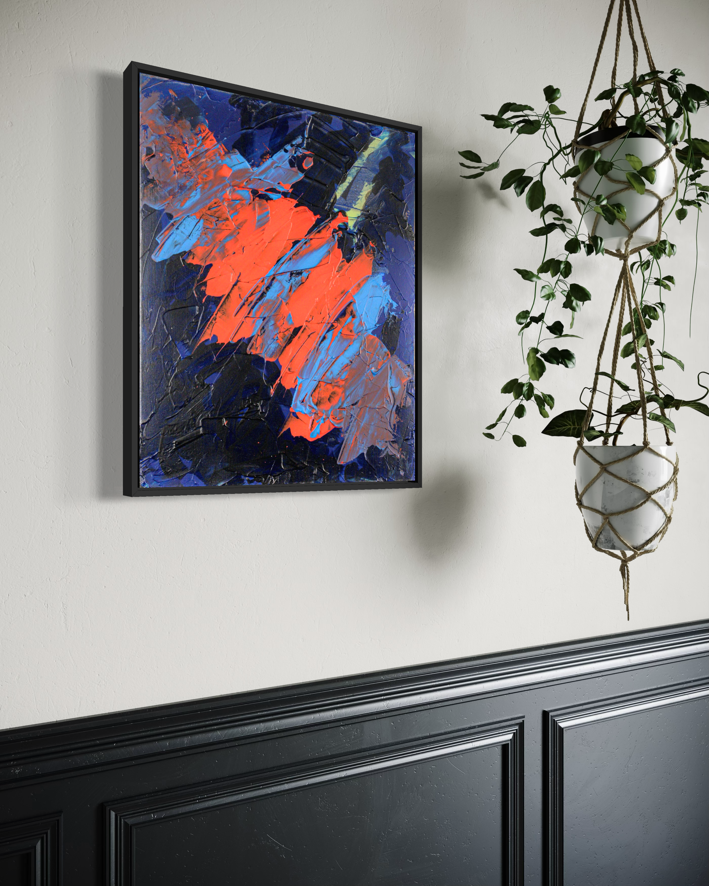 Cosmic Kiss - original painting by Youssef Lakhrif shown in room setting 4. Navy blue cosmic field with a red and orange flame stroke.