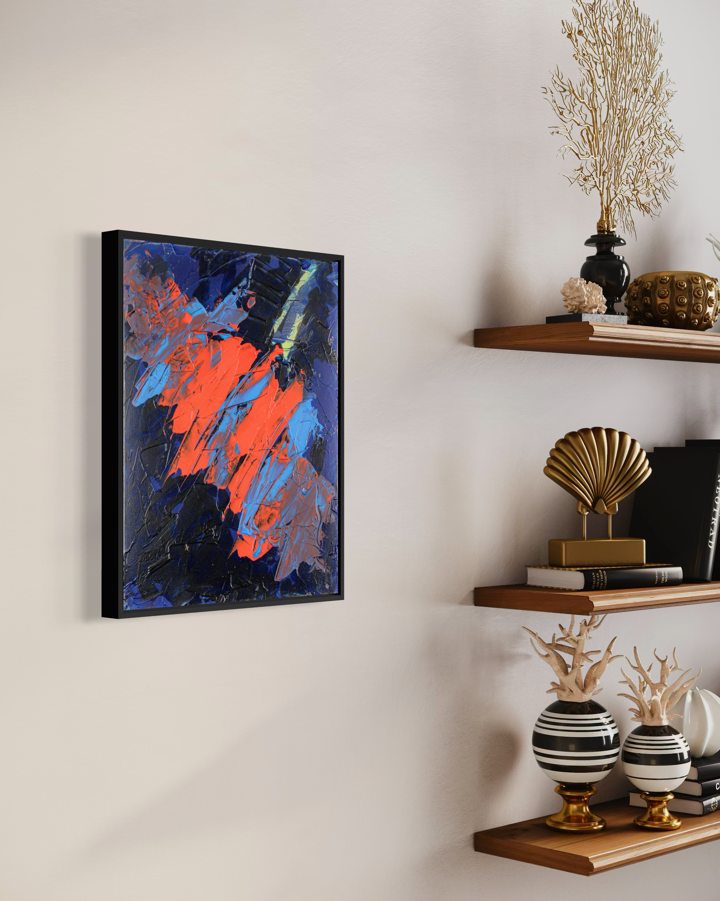 Cosmic Kiss - original painting by Youssef Lakhrif shown in room setting 5. Navy blue cosmic field with a red and orange flame stroke.