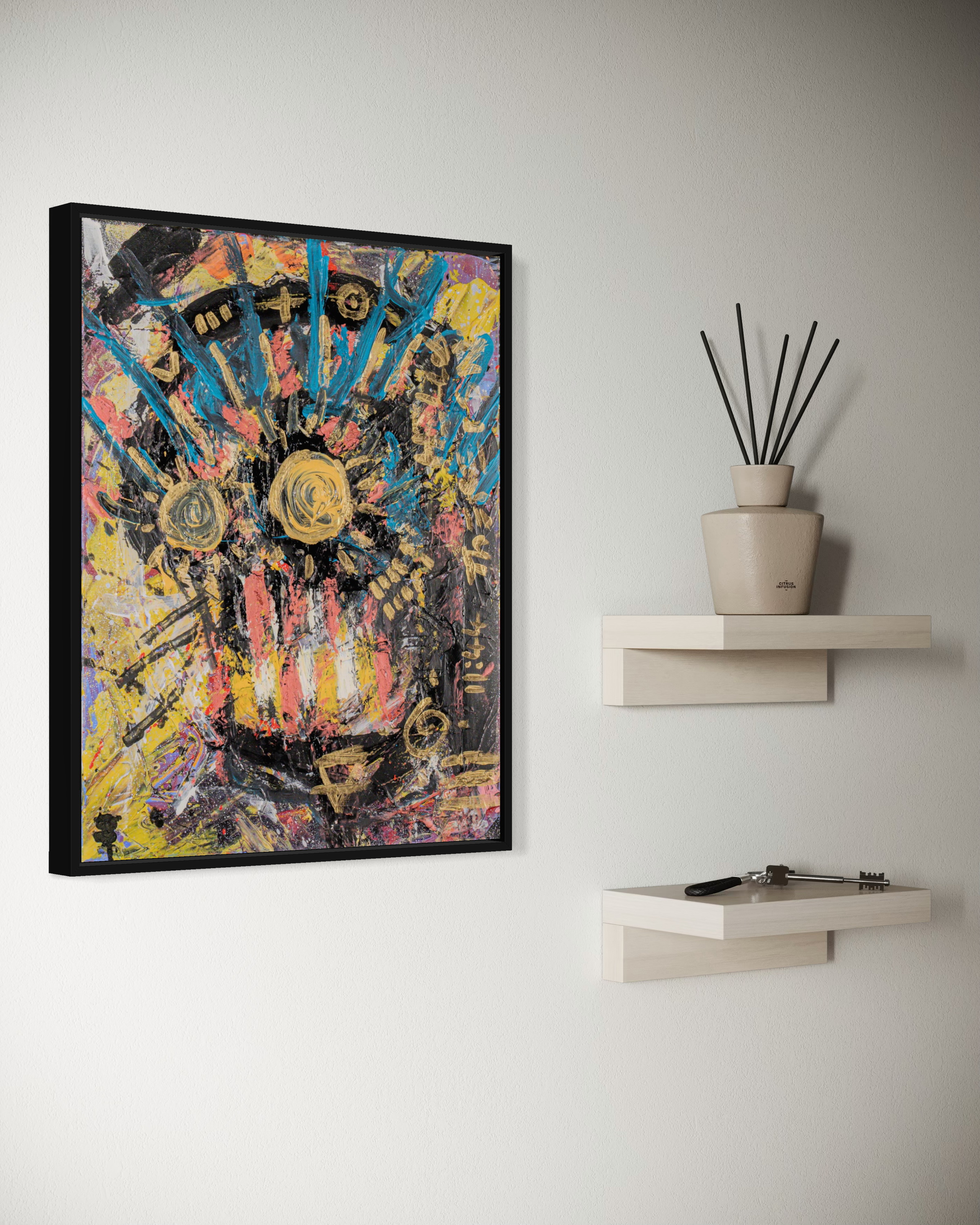 Cosmic Order - original painting by Youssef Lakhrif shown in room setting 2. Richly patterned cosmic composition with sunburst and crown motifs.