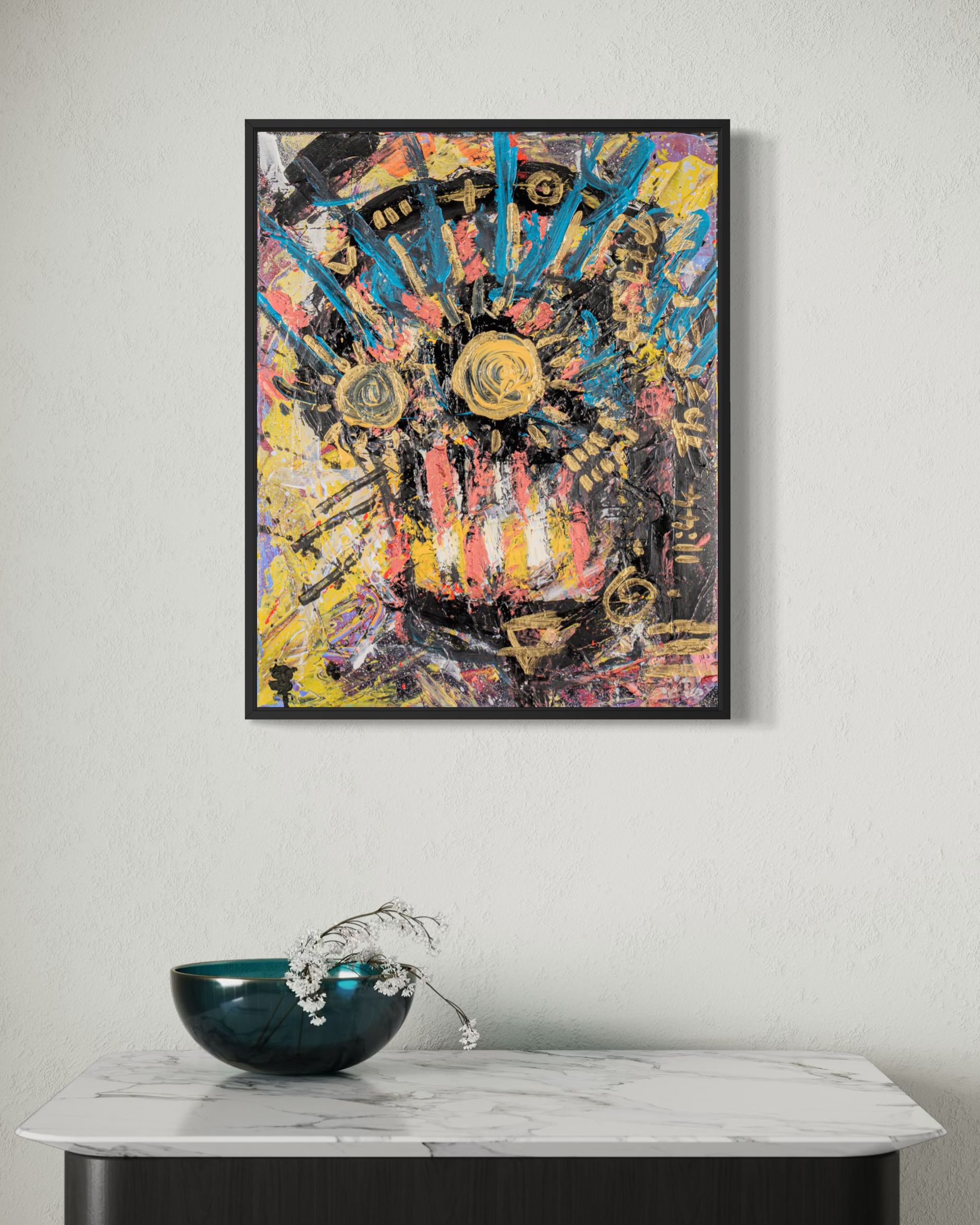 Cosmic Order - original painting by Youssef Lakhrif shown in room setting 3. Richly patterned cosmic composition with sunburst and crown motifs.