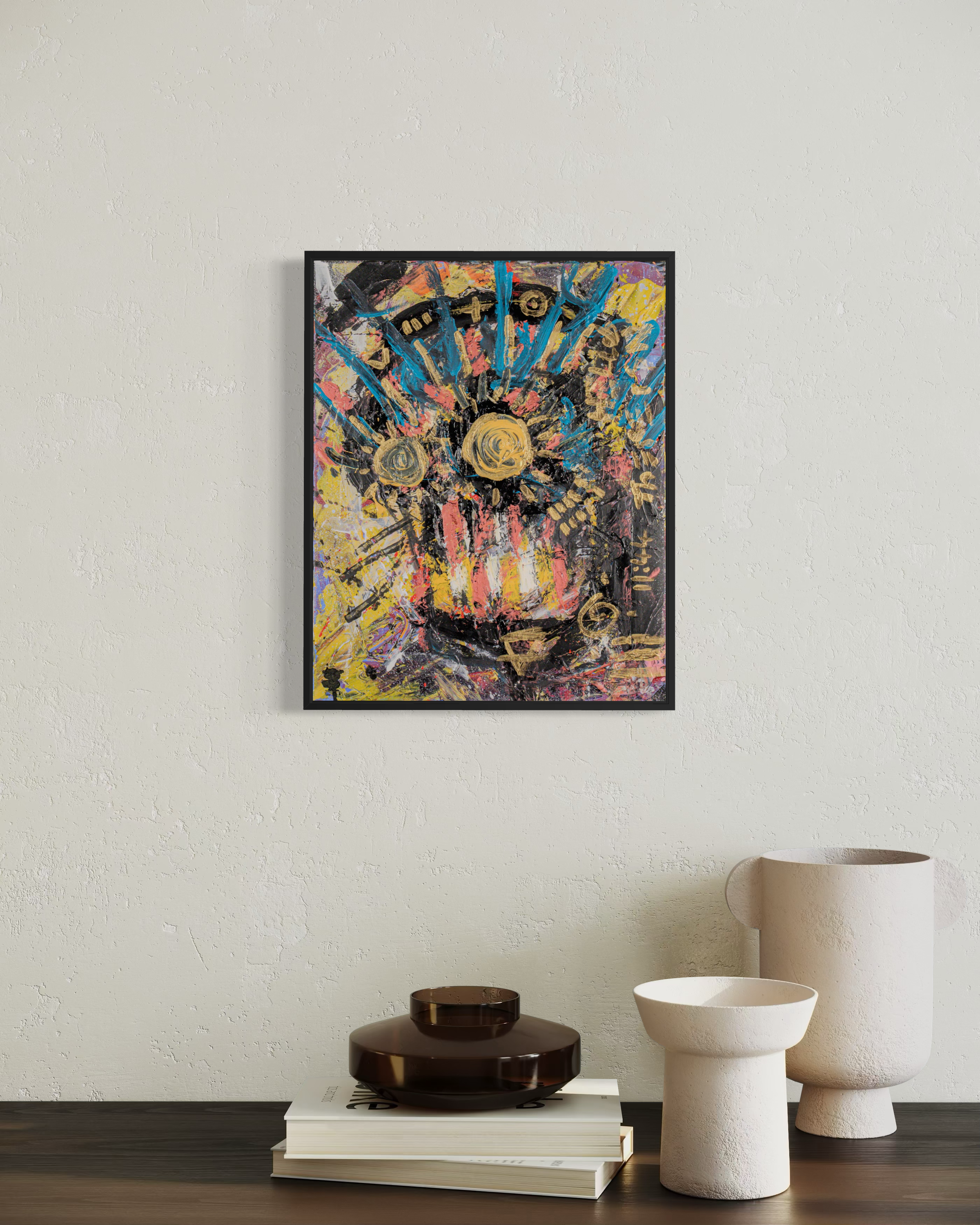 Cosmic Order - original painting by Youssef Lakhrif shown in room setting 5. Richly patterned cosmic composition with sunburst and crown motifs.
