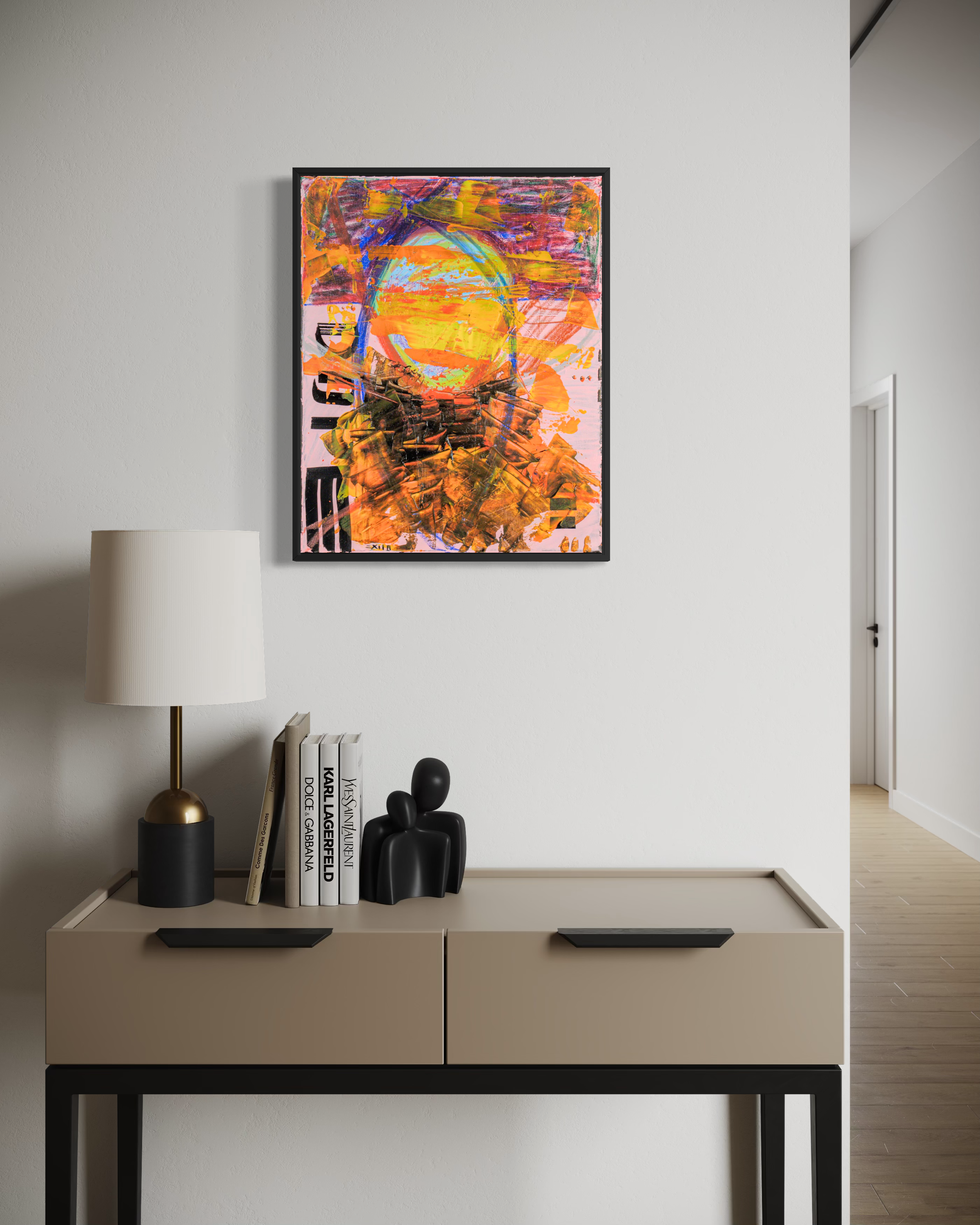 COVID-19 - original painting by Youssef Lakhrif shown in room setting 1. Vibrant intense abstract face capturing pandemic-era isolation.