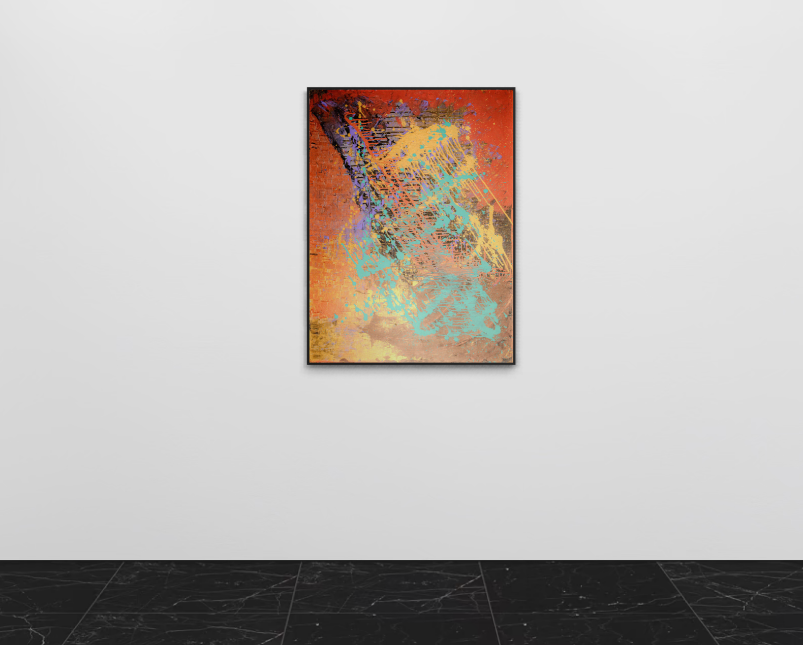 DOPE - original painting by Youssef Lakhrif shown in room setting 1. Bold saturated abstract painting in orange and teal.
