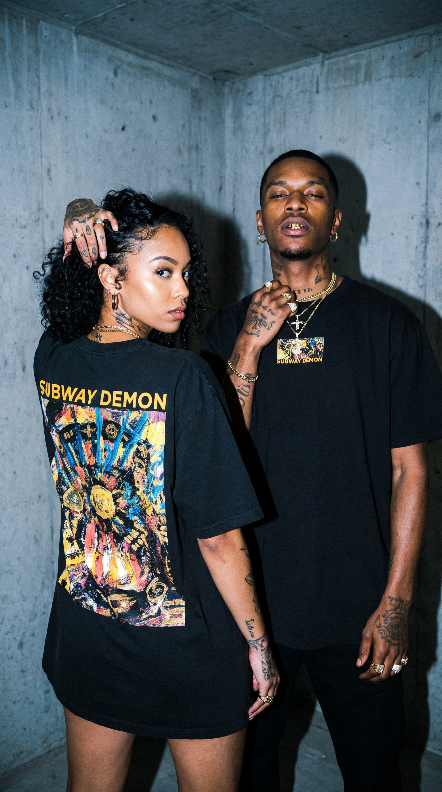 Two models in Subway Demon Tees, one showing the back print and one the bare front with its small chest label