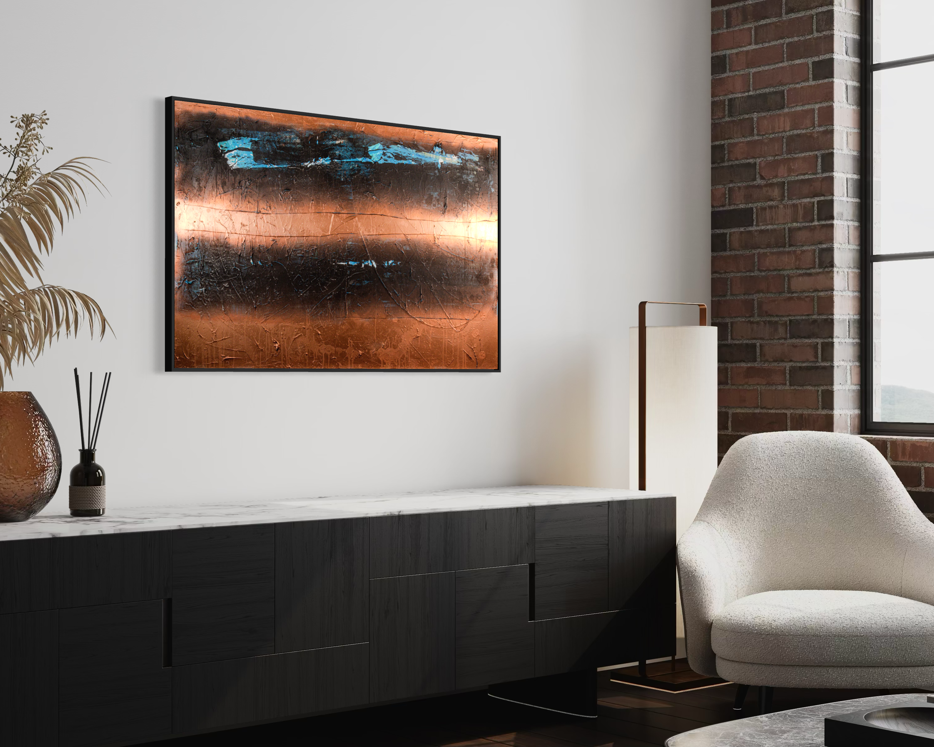 Industrial Waters - original painting by Youssef Lakhrif shown in room setting 4. Industrial copper landscape with cobalt blue water band.