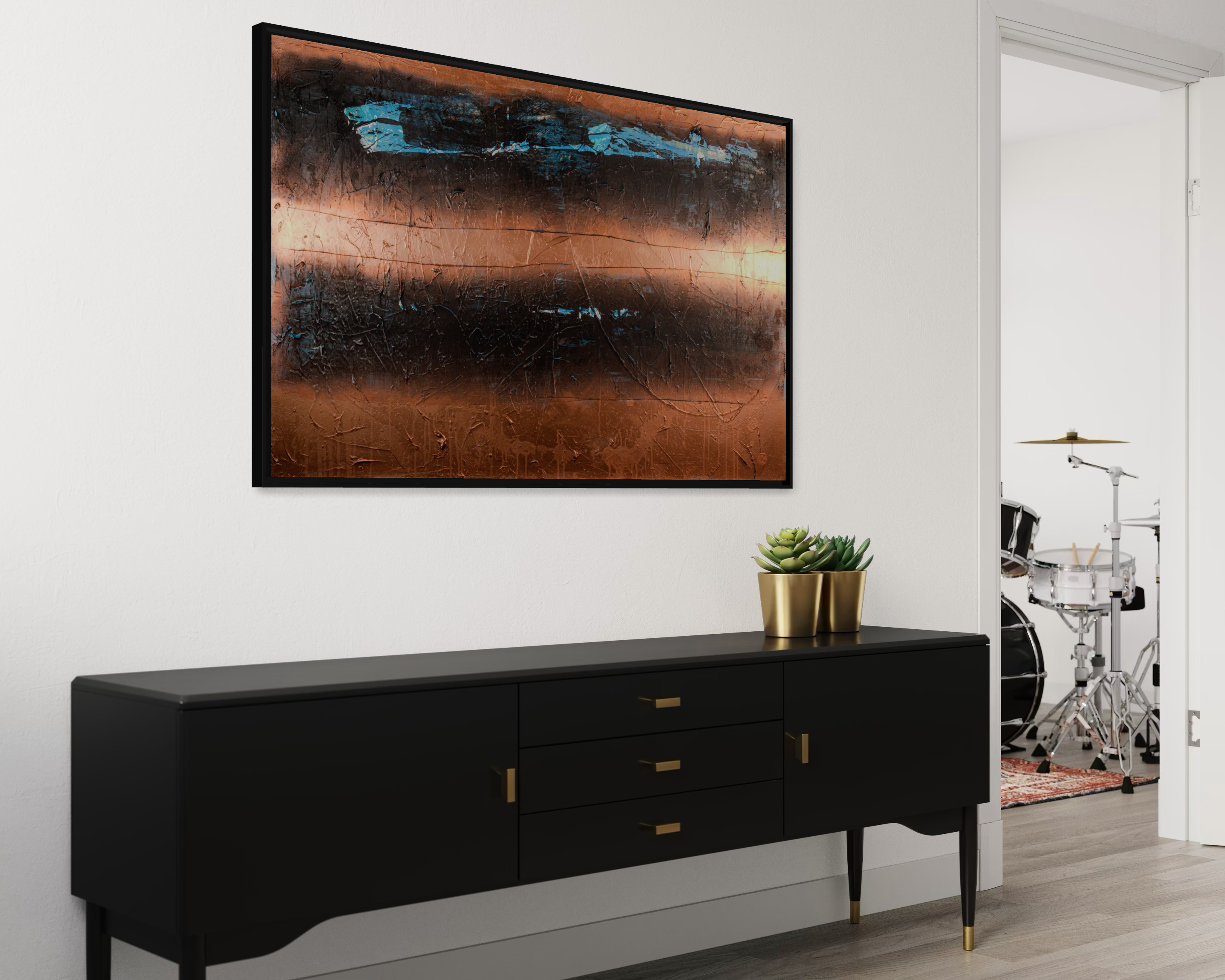 Industrial Waters - original painting by Youssef Lakhrif shown in room setting 8. Industrial copper landscape with cobalt blue water band.