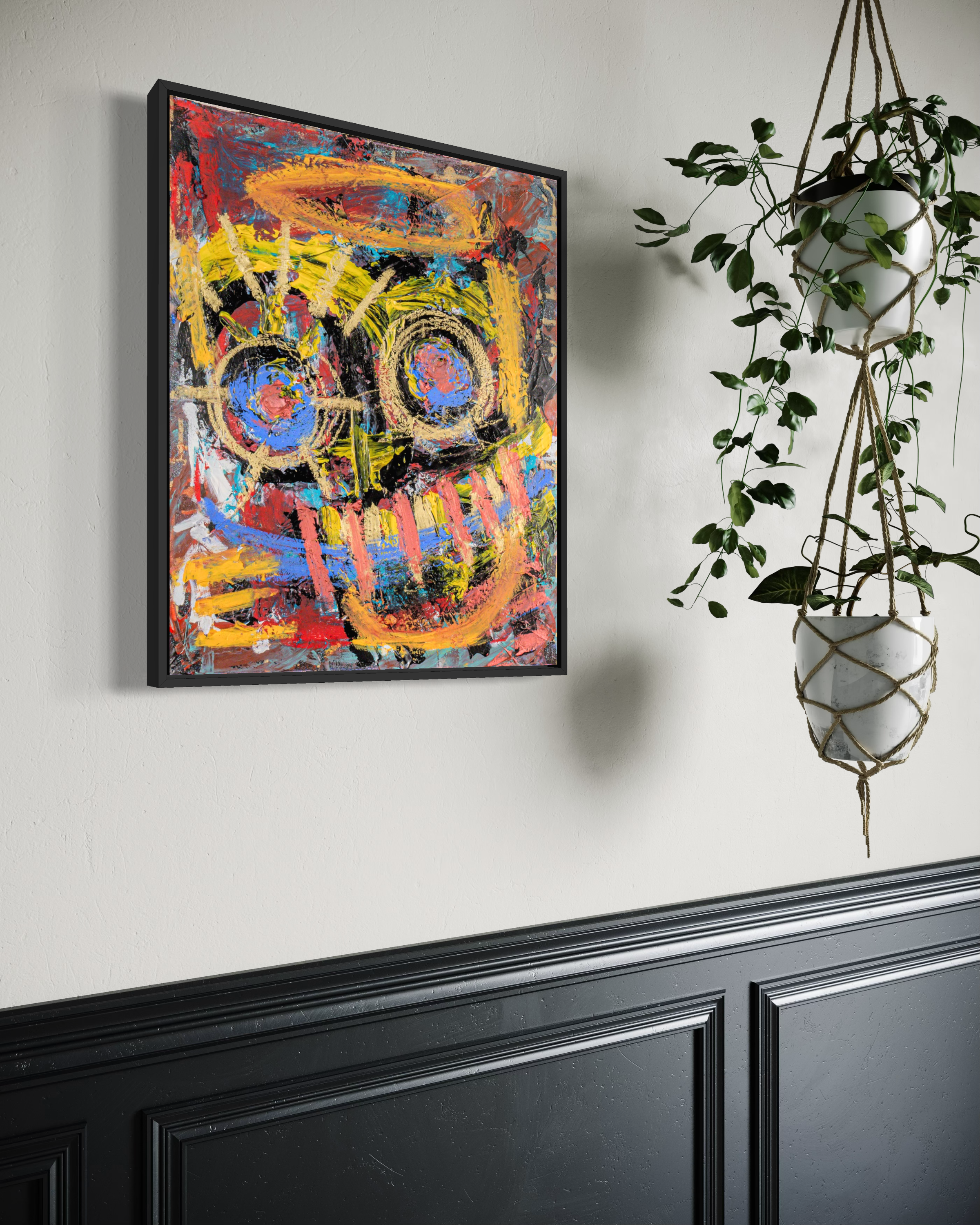 Innocent but Degenerate - original painting by Youssef Lakhrif shown in room setting 1. Vibrant sugar-skull style face in red yellow and purple.