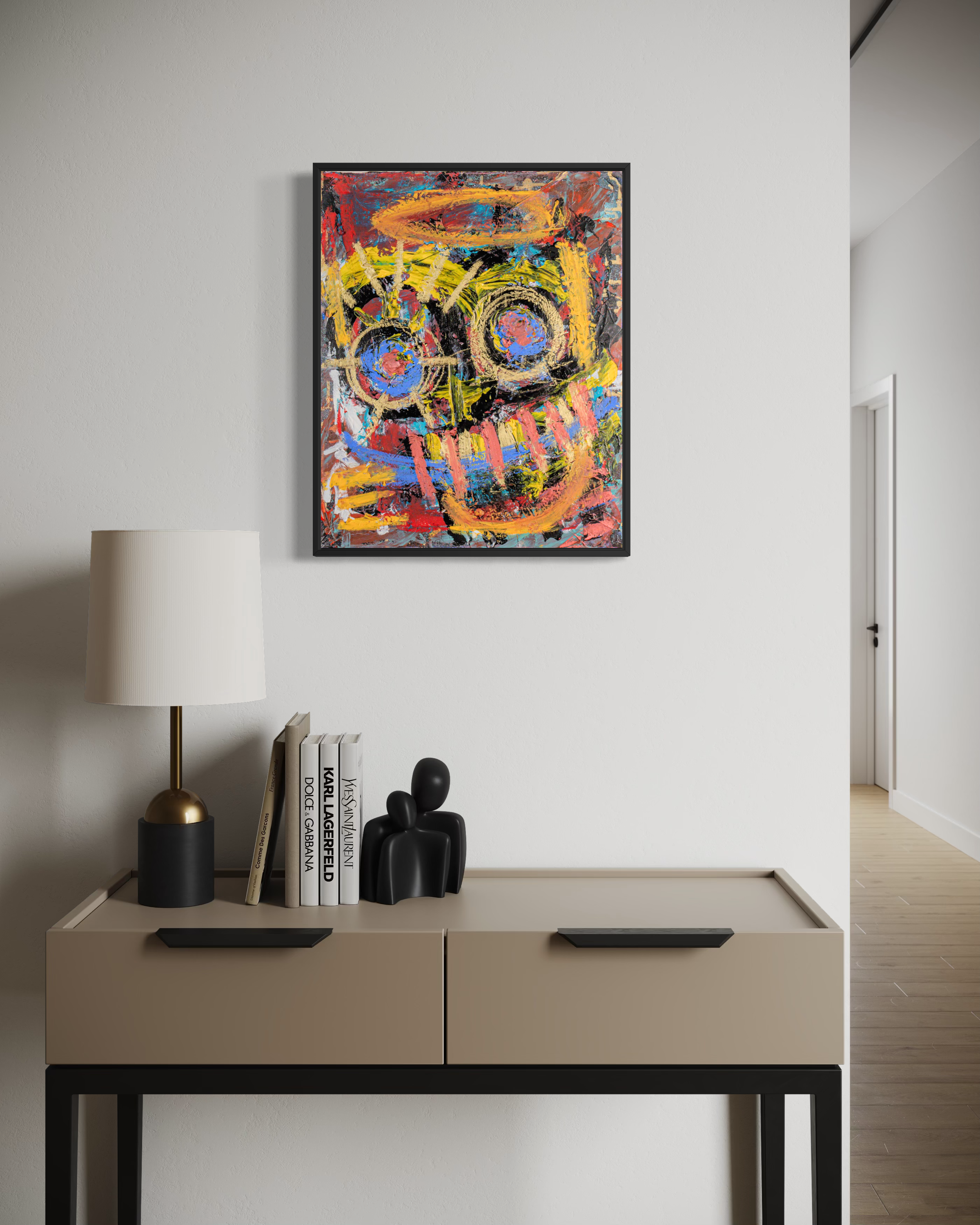 Innocent but Degenerate - original painting by Youssef Lakhrif shown in room setting 2. Vibrant sugar-skull style face in red yellow and purple.