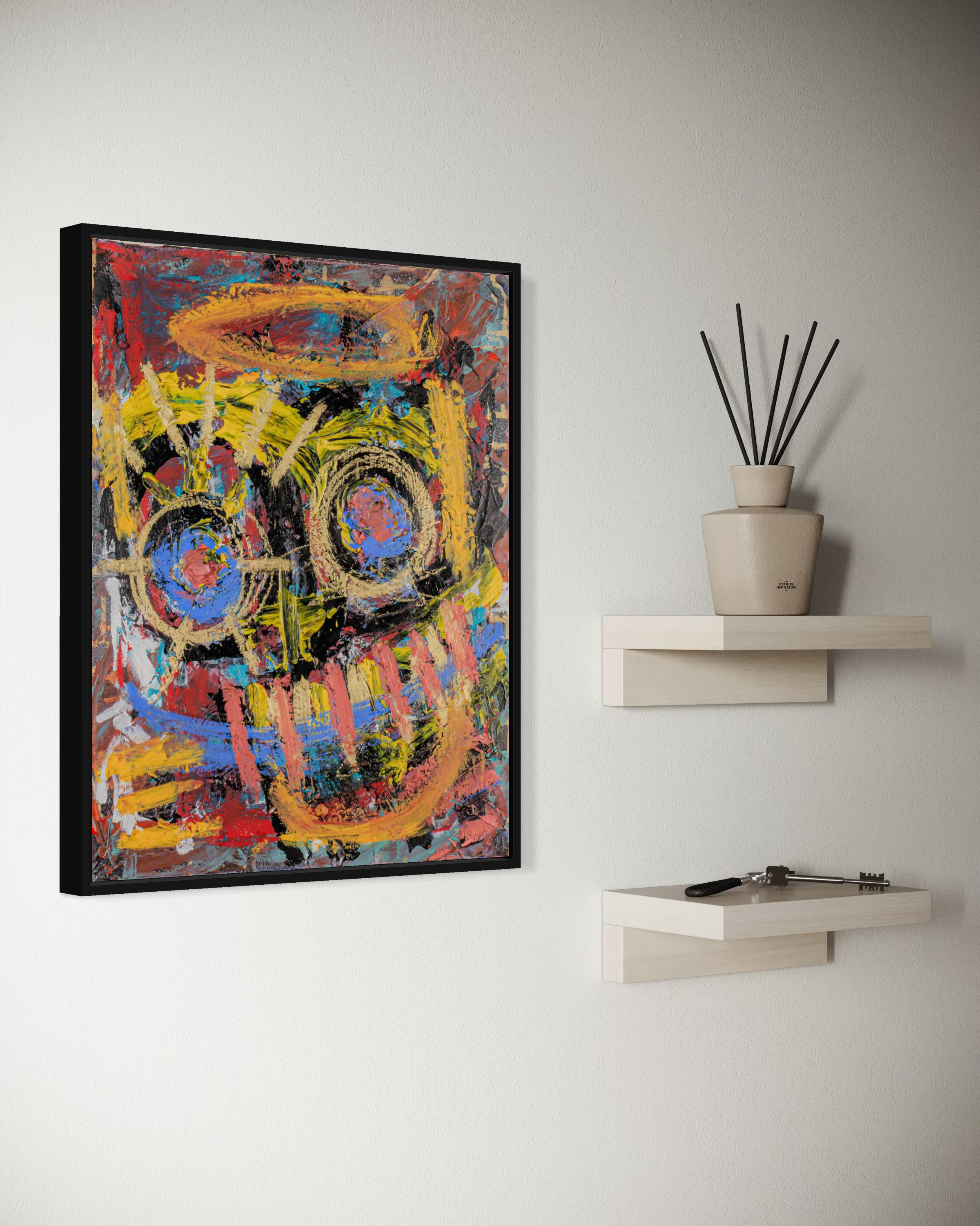 Innocent but Degenerate - original painting by Youssef Lakhrif shown in room setting 3. Vibrant sugar-skull style face in red yellow and purple.