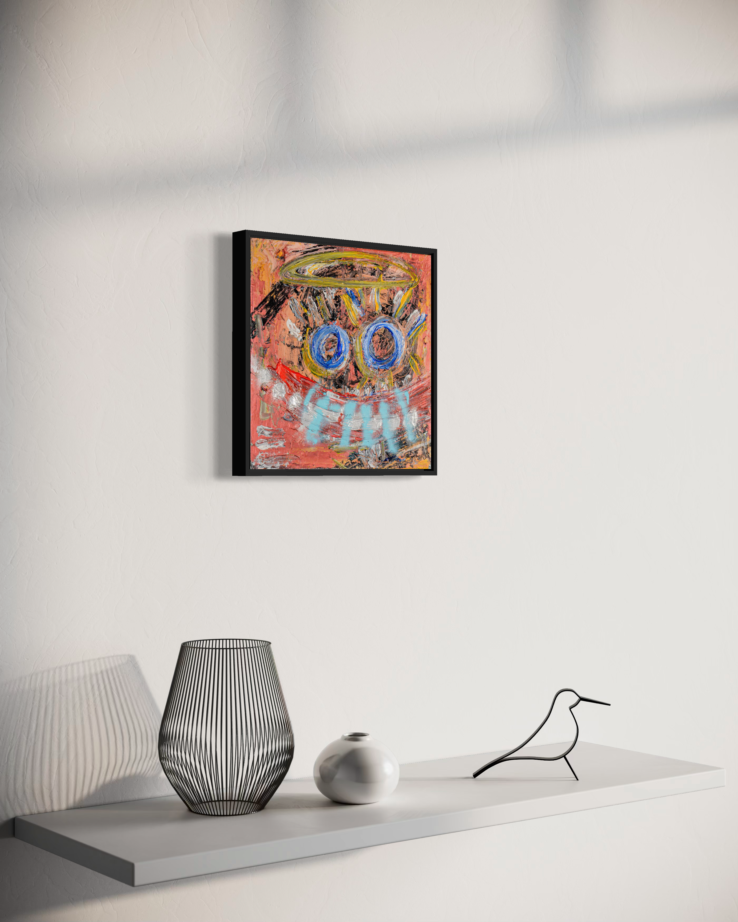 Innocent Witness - original painting by Youssef Lakhrif shown in room setting 1. Quiet contemplative face on coral background, the weight of seeing without judgment.