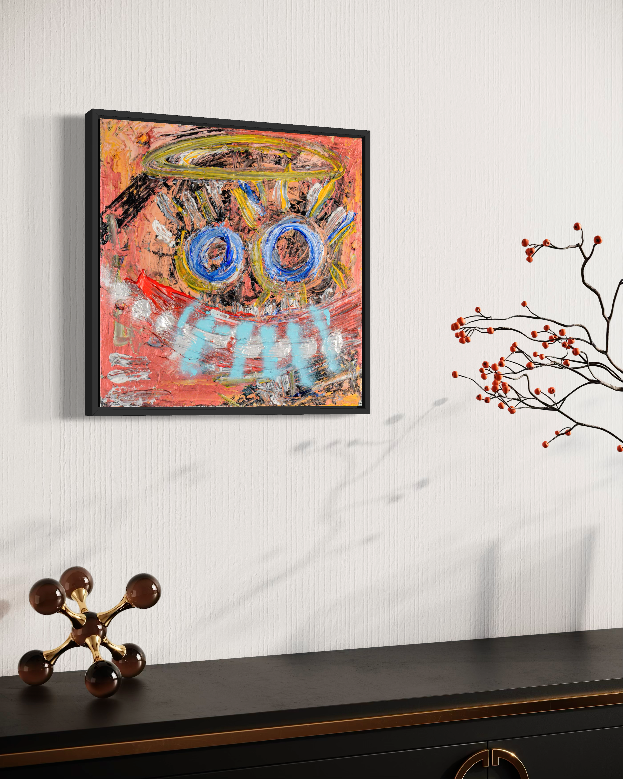 Innocent Witness - original painting by Youssef Lakhrif shown in room setting 5. Quiet contemplative face on coral background, the weight of seeing without judgment.