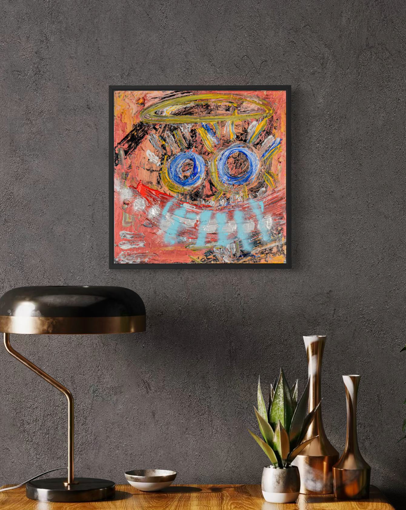 Innocent Witness - original painting by Youssef Lakhrif shown in room setting 7. Quiet contemplative face on coral background, the weight of seeing without judgment.