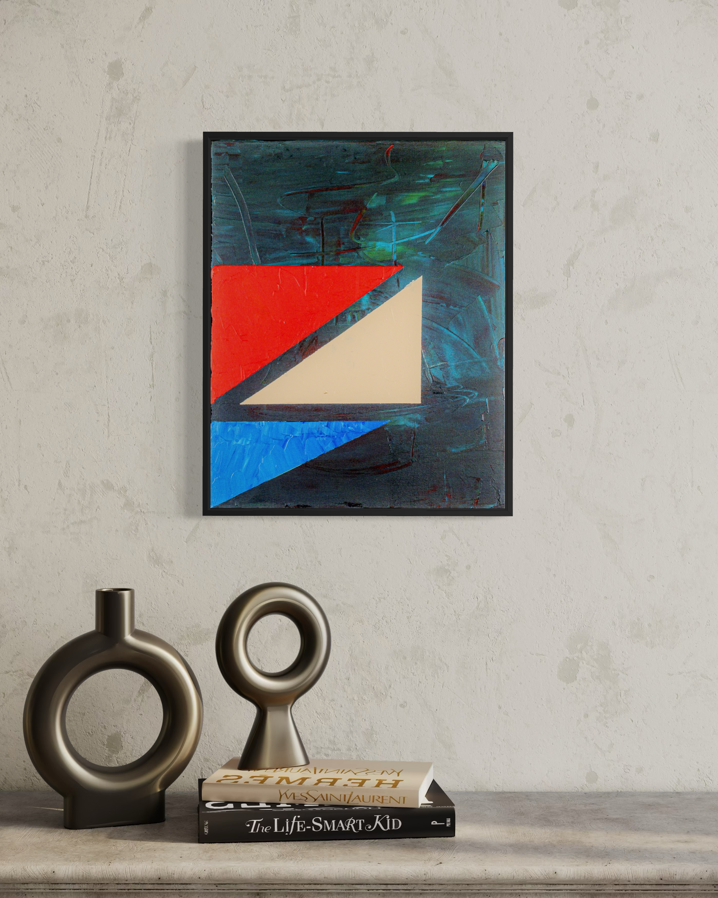 Levels - original painting by Youssef Lakhrif shown in room setting 1. Bauhaus inspired geometric painting with red blue and cream triangles.