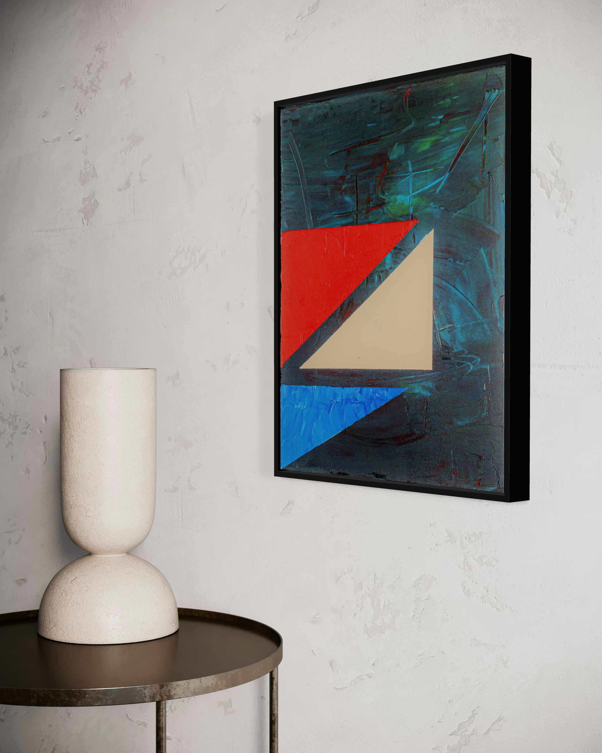 Levels - original painting by Youssef Lakhrif shown in room setting 2. Bauhaus inspired geometric painting with red blue and cream triangles.