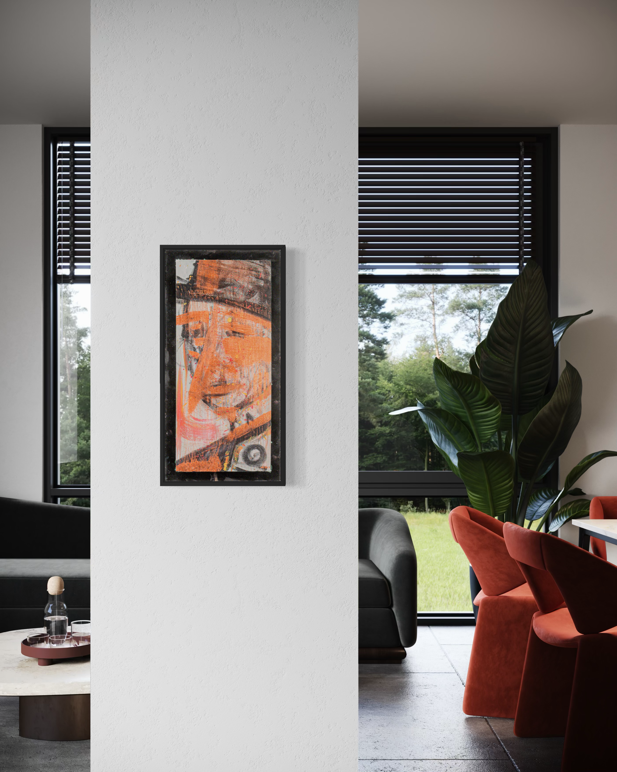 Pinoccio - original painting by Youssef Lakhrif shown in room setting 1. Abstract orange and black figurative face in vertical black frame.