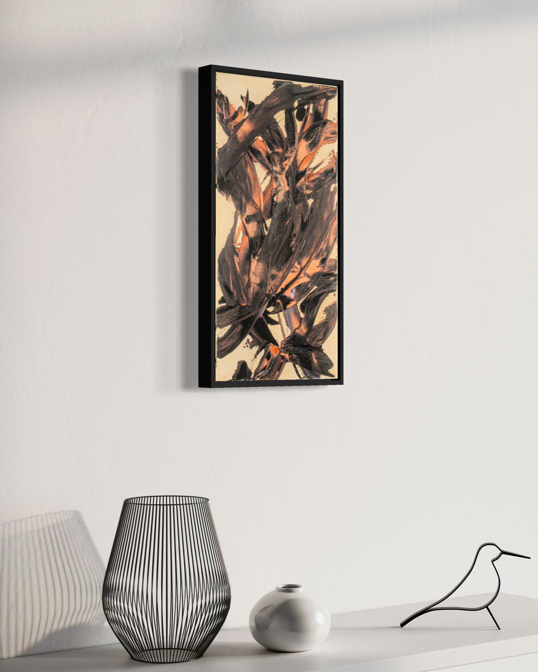 Spark of the Muse - original painting by Youssef Lakhrif shown in room setting 3. Brown and black brush strokes on warm beige background.