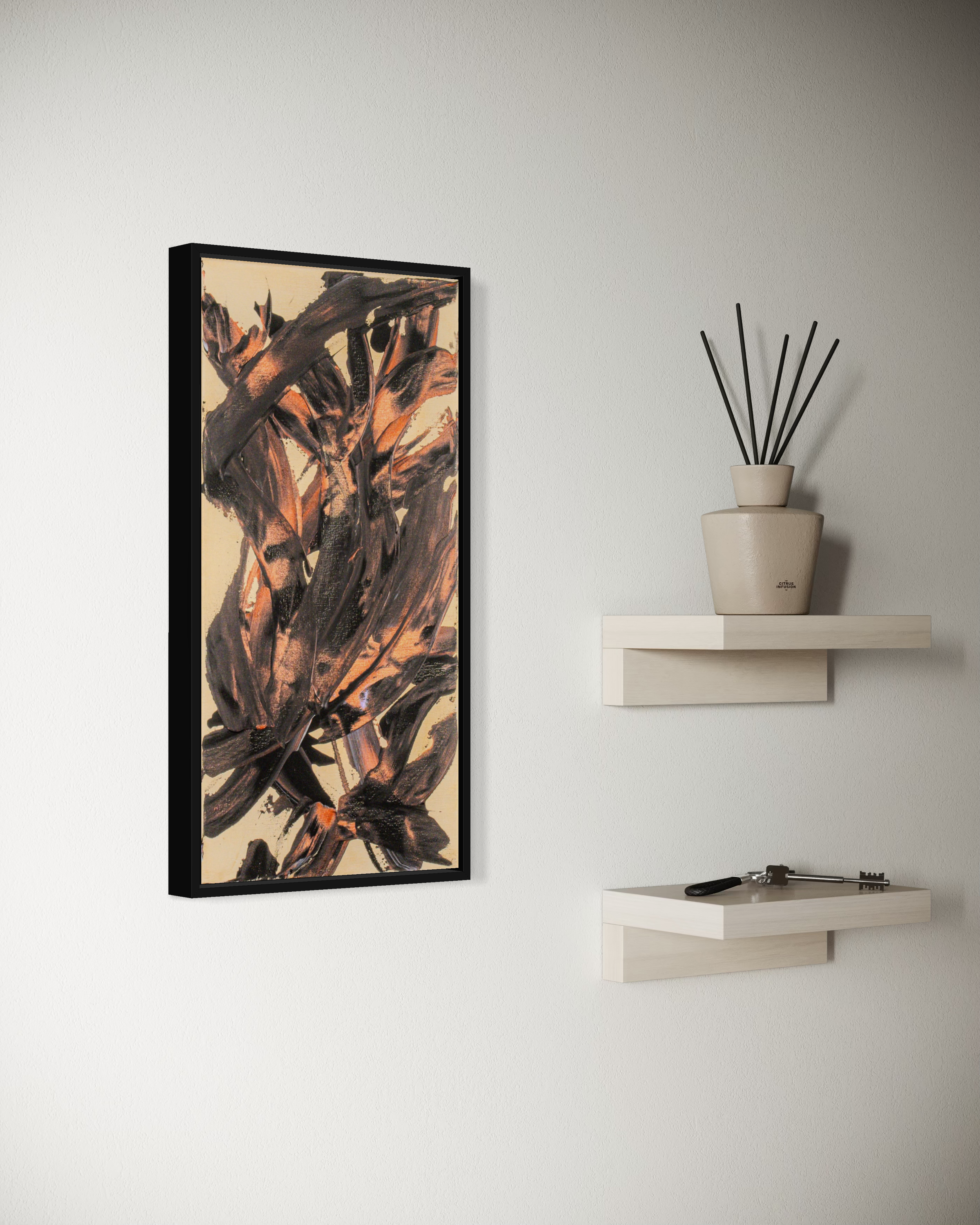 Spark of the Muse - original painting by Youssef Lakhrif shown in room setting 5. Brown and black brush strokes on warm beige background.