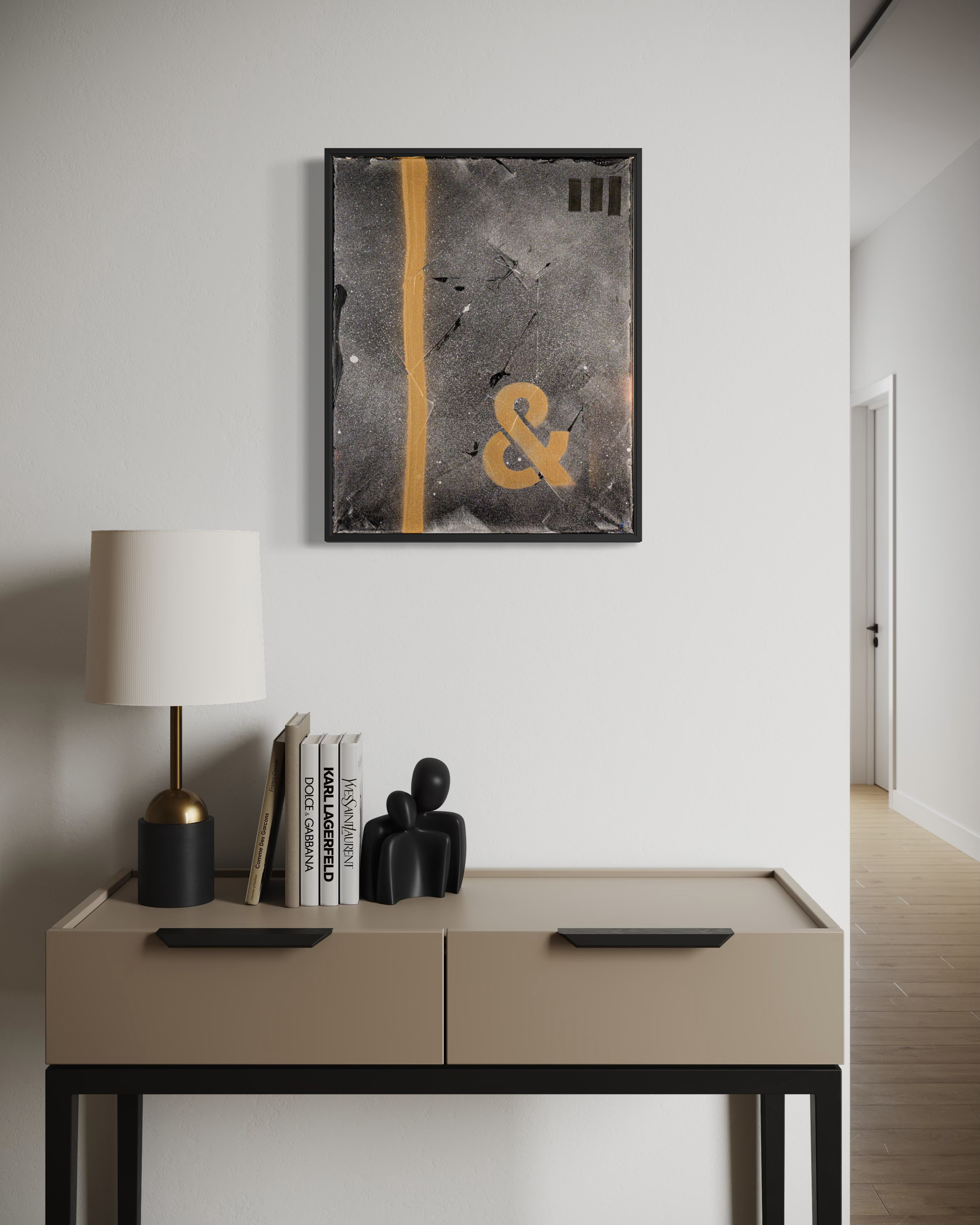 The Age of & - original painting by Youssef Lakhrif shown in room setting 3. Dark grey abstract featuring a glowing yellow ampersand.
