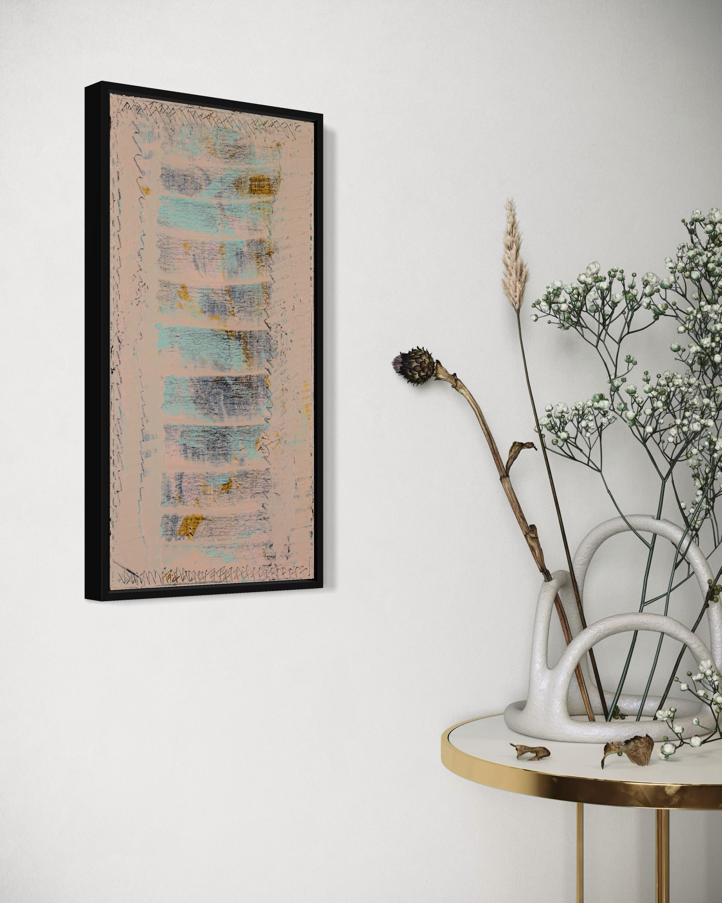 Turquoise Bleeds Pink - original painting by Youssef Lakhrif shown in room setting 1. Horizontal banded abstract in muted pink and turquoise tones.