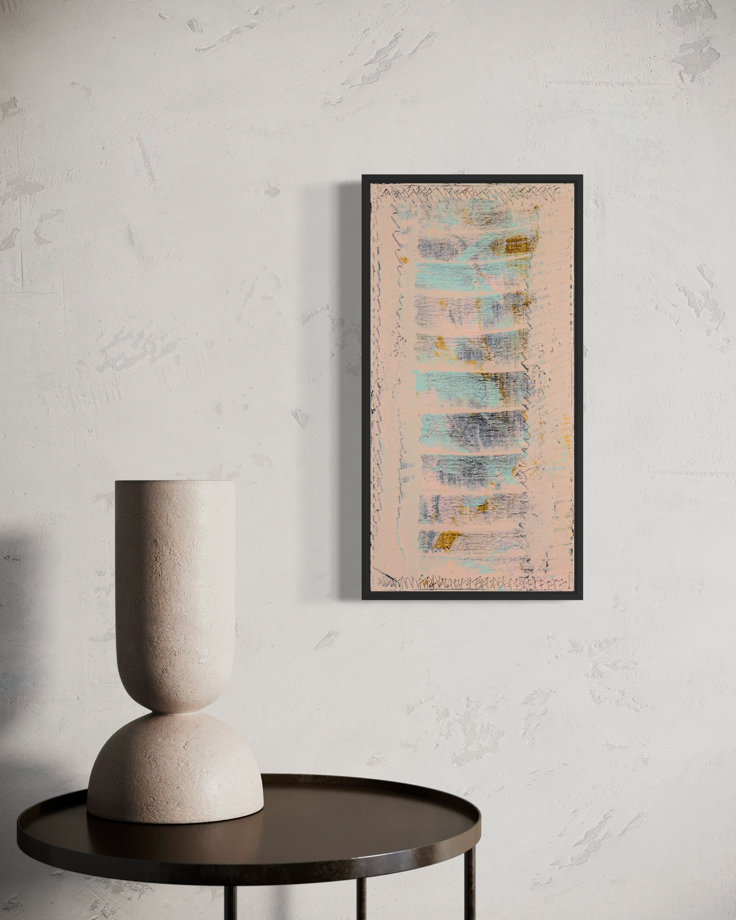 Turquoise Bleeds Pink - original painting by Youssef Lakhrif shown in room setting 2. Horizontal banded abstract in muted pink and turquoise tones.